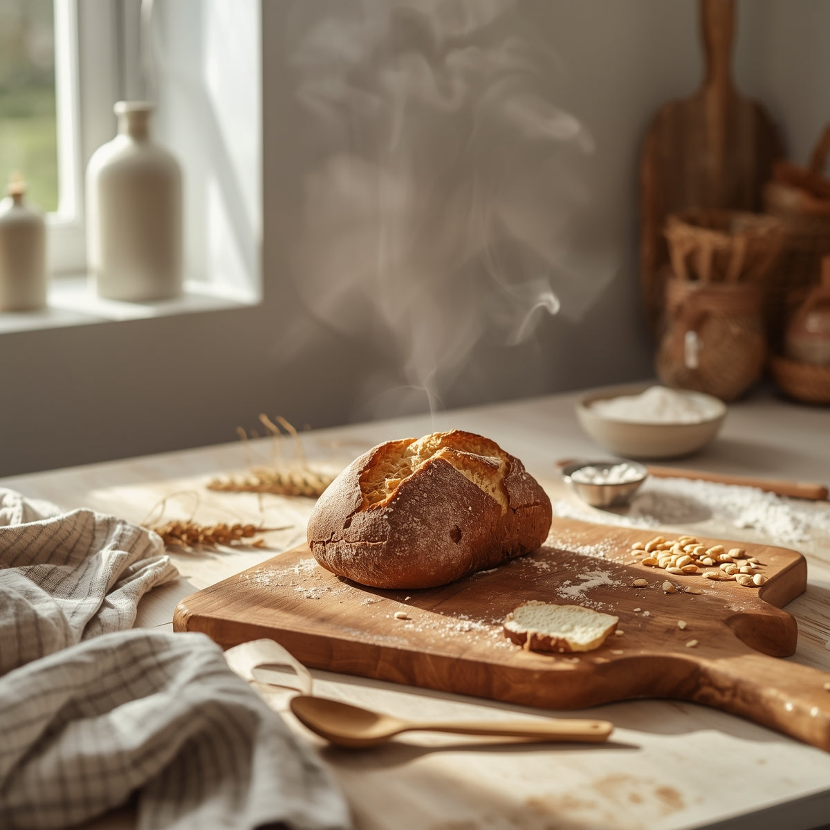 Frisch gebackenes Brot mit Sauerteig und natürlichen Zutaten auf Holzbrett – Inspiration für gesundes Brotbacken.