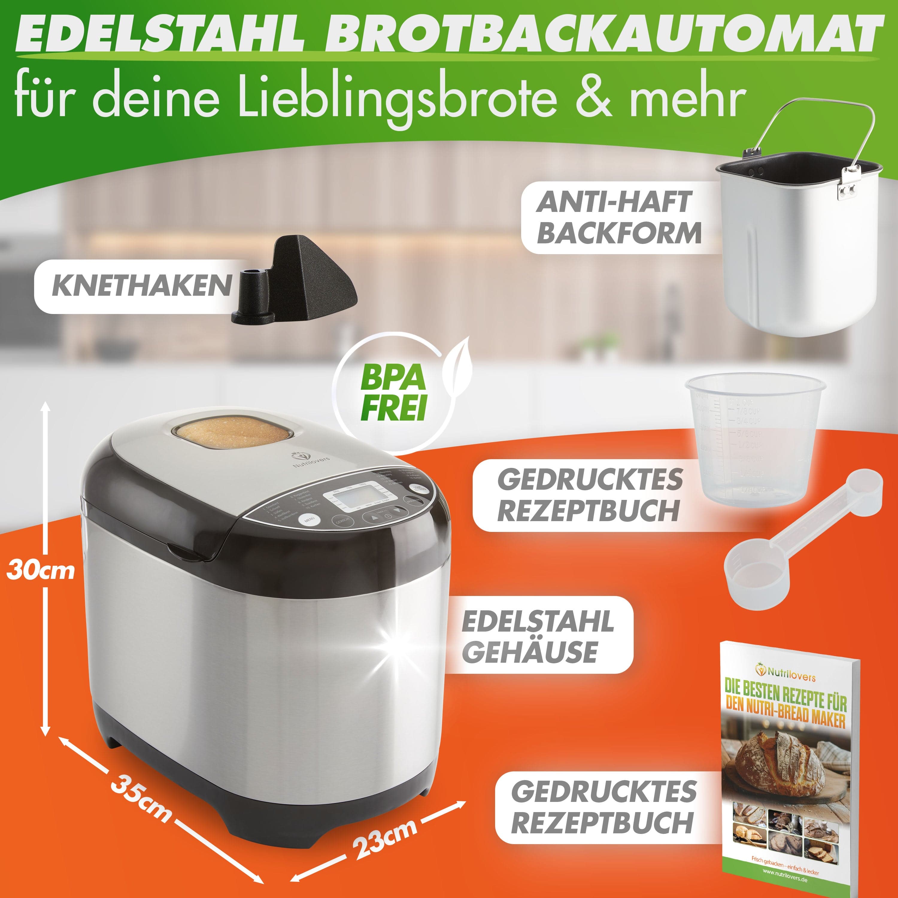 Nutrilovers NUTRI-BREAD-MAKER (B) Brotbackautomat Edelstahl 19 Programme, 3 Brotgrößen