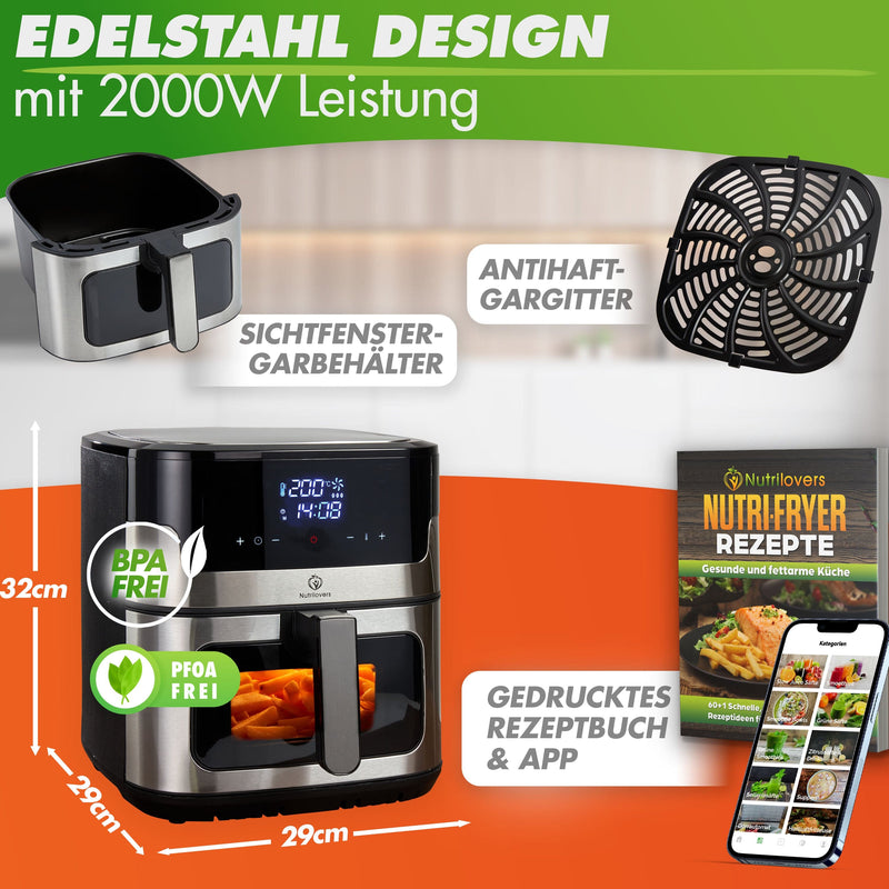 Nutrilovers Heißluftfritteuse NUTRI-FRYER Edelstahl, 8L, 2000W, Ober-& Unterhitze