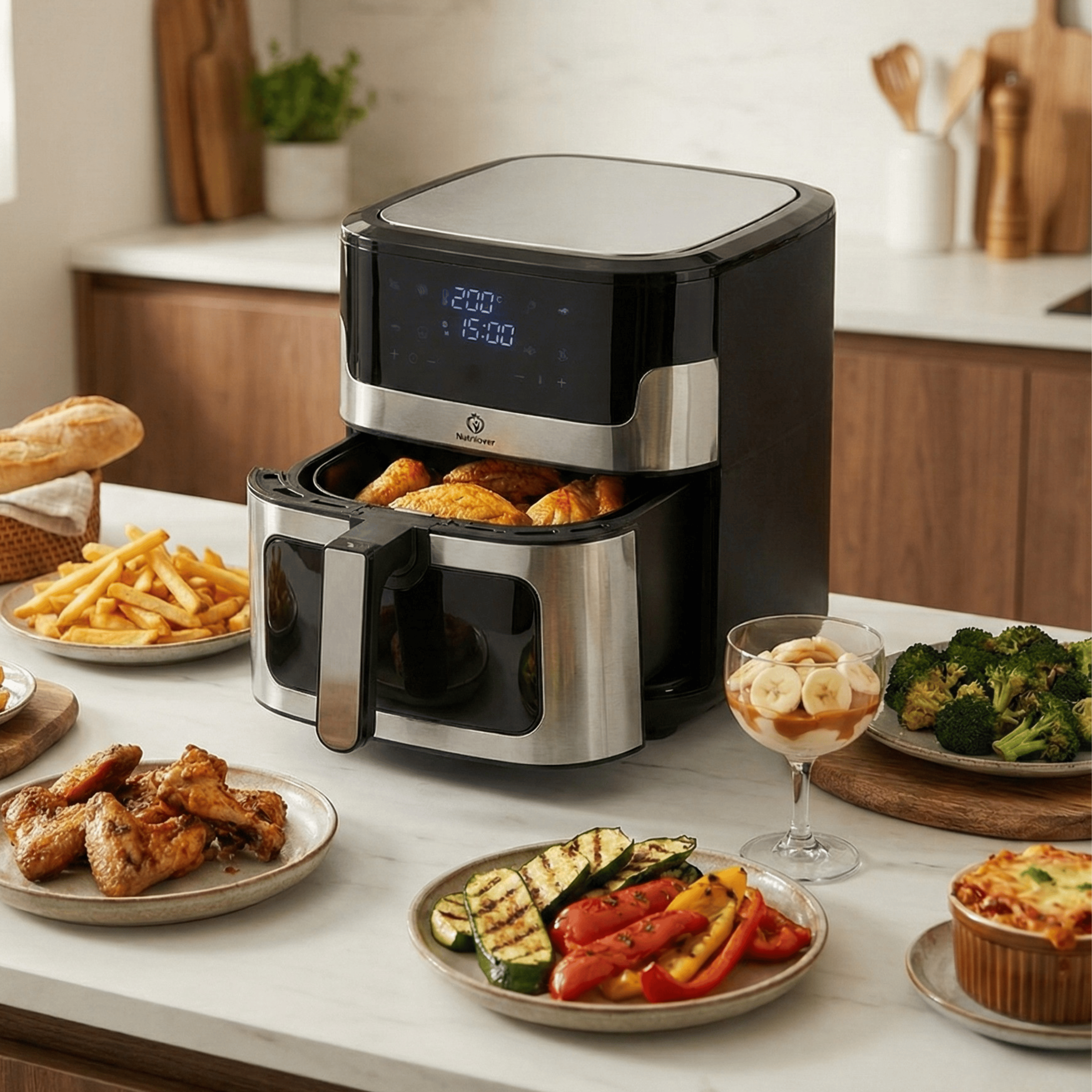 Nutrilovers Heißluftfritteuse NUTRI-FRYER Edelstahl, 8L, 2000W, Ober-& Unterhitze