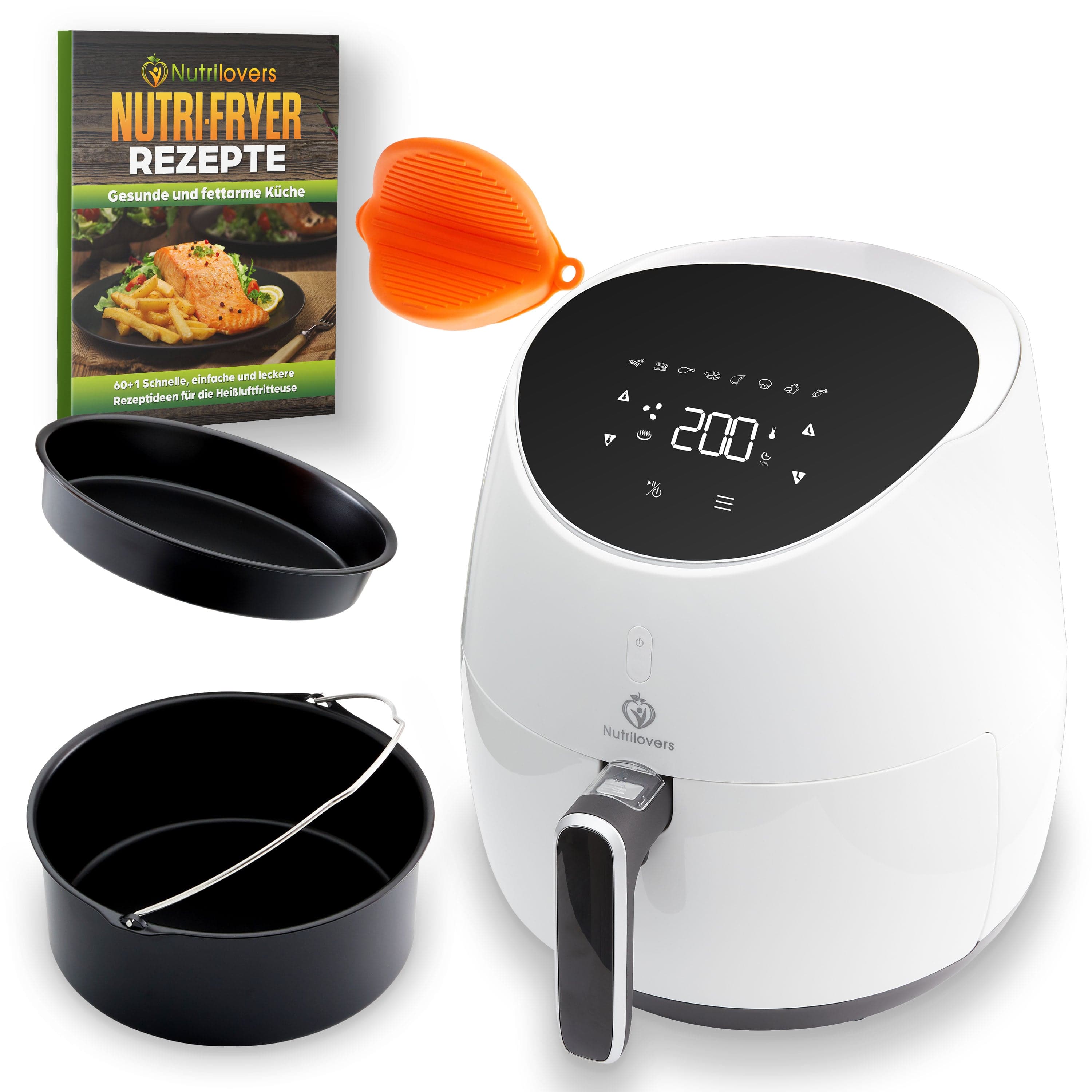 Nutrilovers Heissluftfritteuse NUTRI-FRYER - WHITE - Heißluftfritteuse XXL 2000W 5.0 L mit Filter (B) WissenWasDrinIst