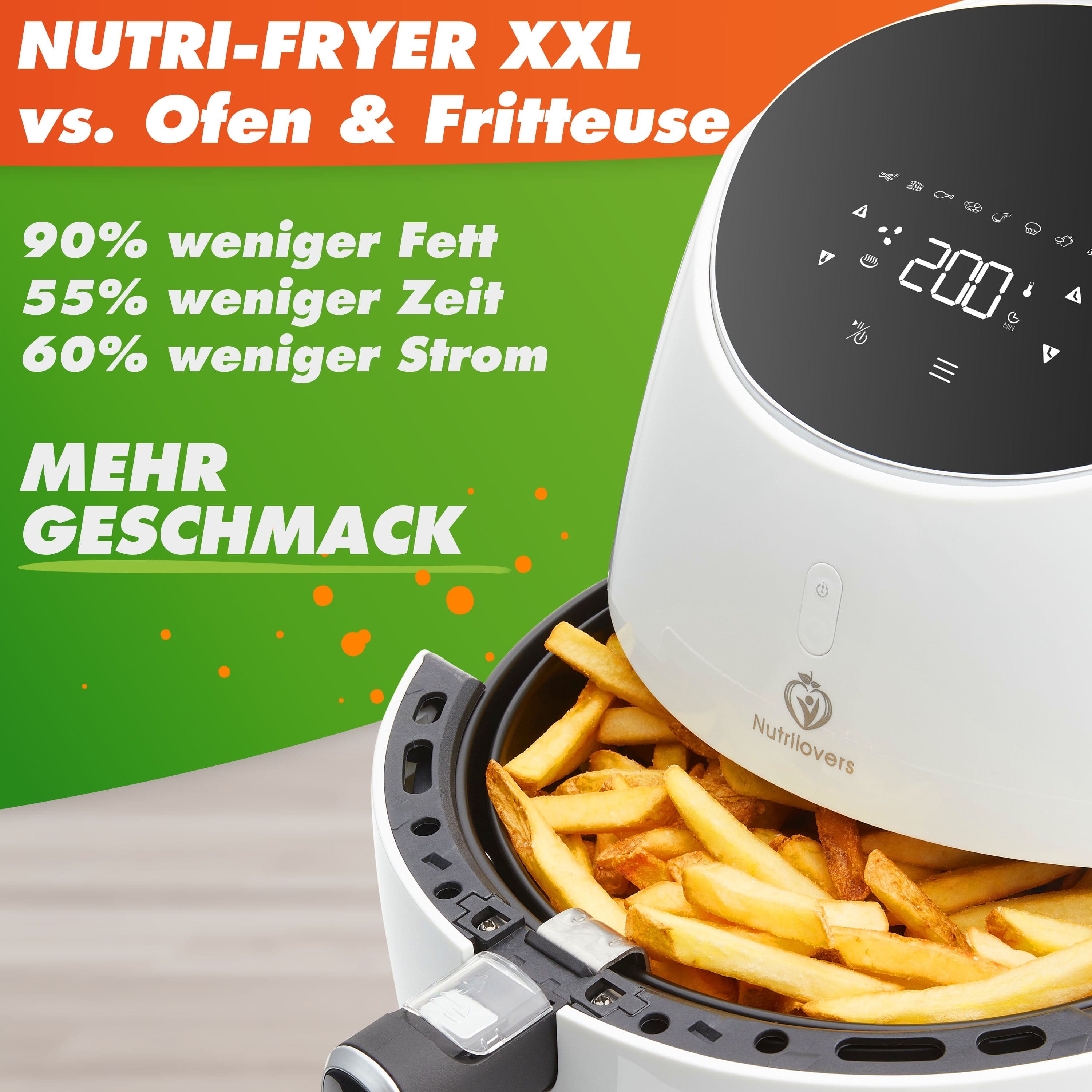 Nutrilovers Heissluftfritteuse NUTRI-FRYER - WHITE - Heißluftfritteuse XXL 2000W 5.0 L mit Filter (B) kuechengeraete haushaltsgeraete WissenWasDrinIst