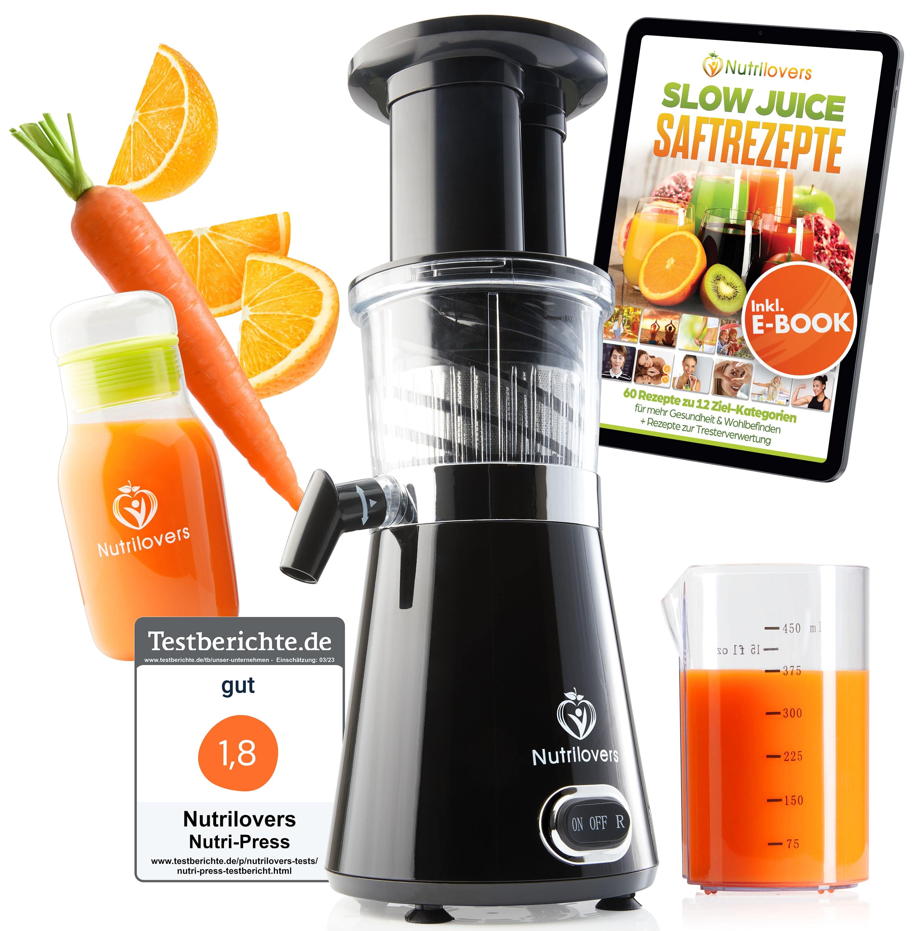 Nutrilovers Slow Juicer BLACK PEPPER NUTRI-PRESS Slow Juicer für Einsteiger | BPA-Frei (Black Pepper) kuechengeraete haushaltsgeraete WissenWasDrinIst