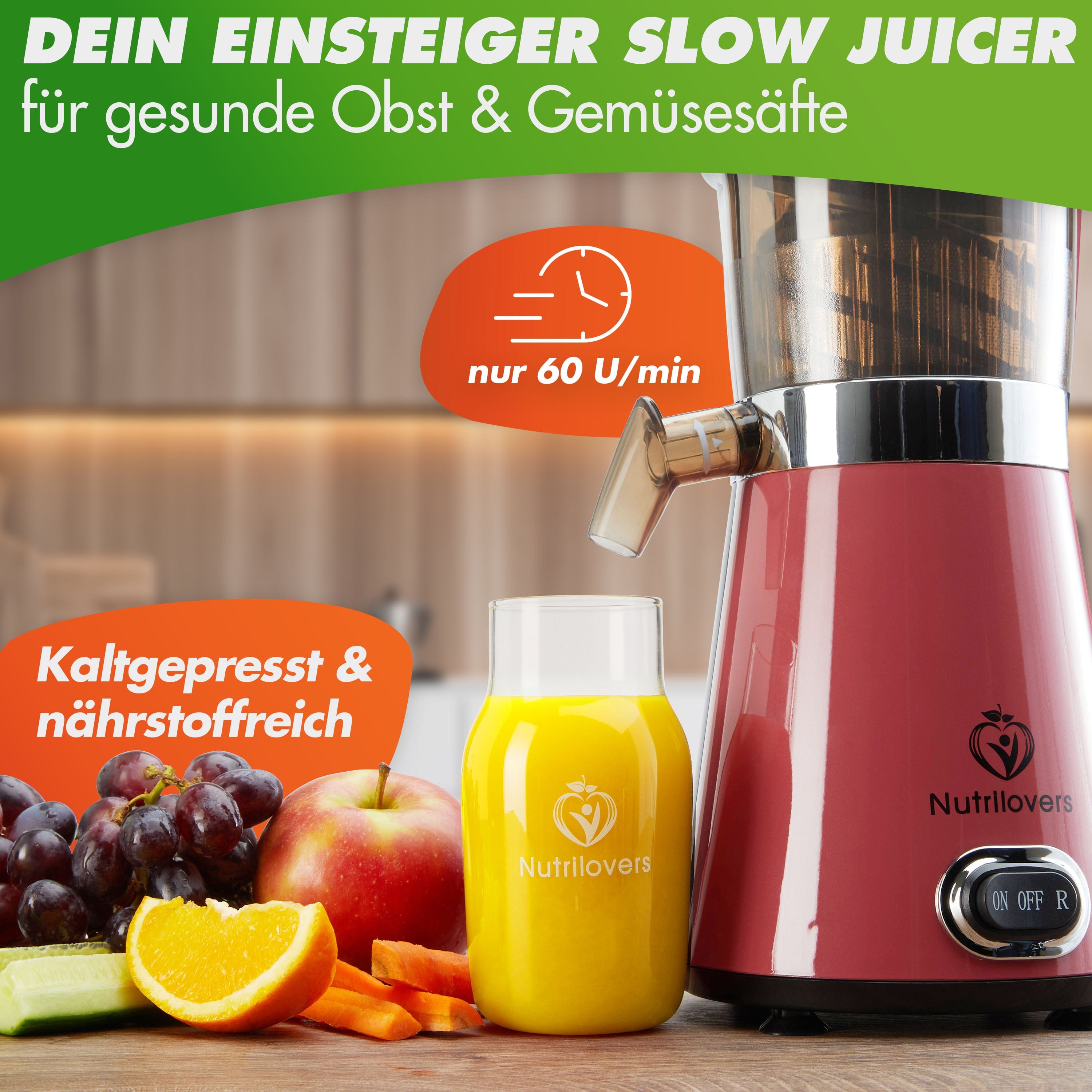 Nutrilovers Slow Juicer NUTRI-PRESS (B) Pink Pepper Elektrischer Entsafter, Slow Juicer WissenWasDrinIst