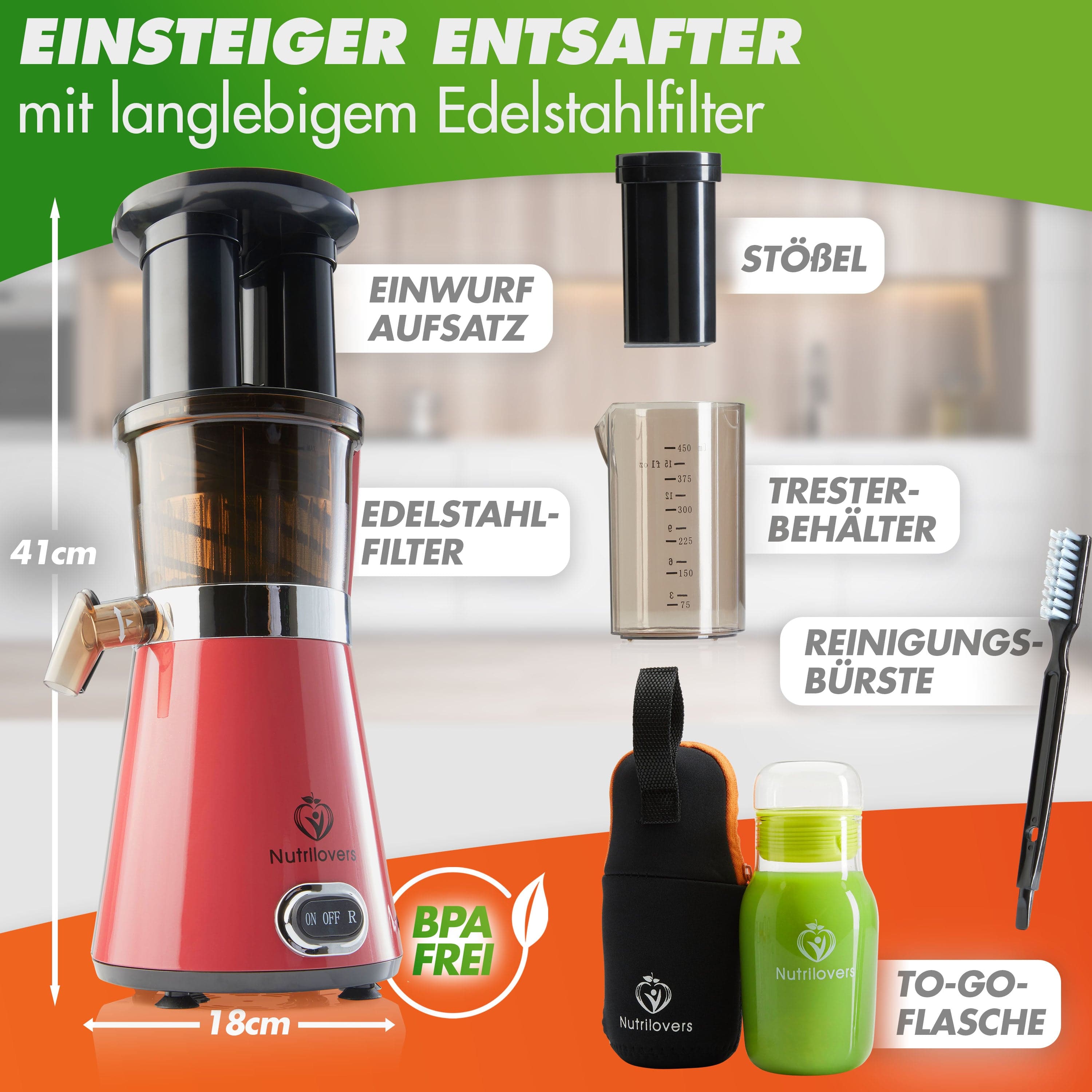 Nutrilovers Slow Juicer NUTRI-PRESS (B) Pink Pepper Elektrischer Entsafter, Slow Juicer WissenWasDrinIst