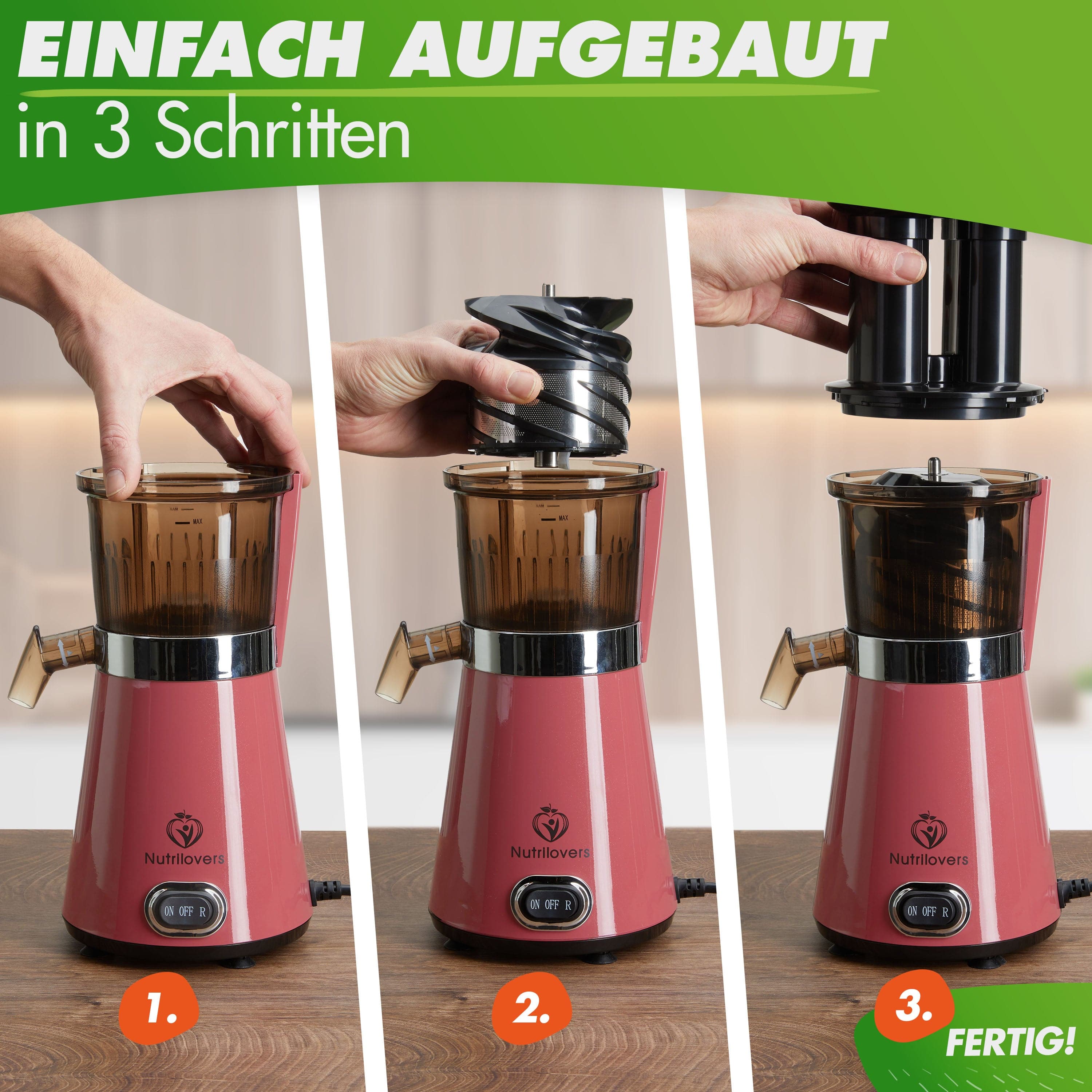 Nutrilovers Slow Juicer NUTRI-PRESS Slow Juicer für Einsteiger | BPA-Frei (Pink) WissenWasDrinIst