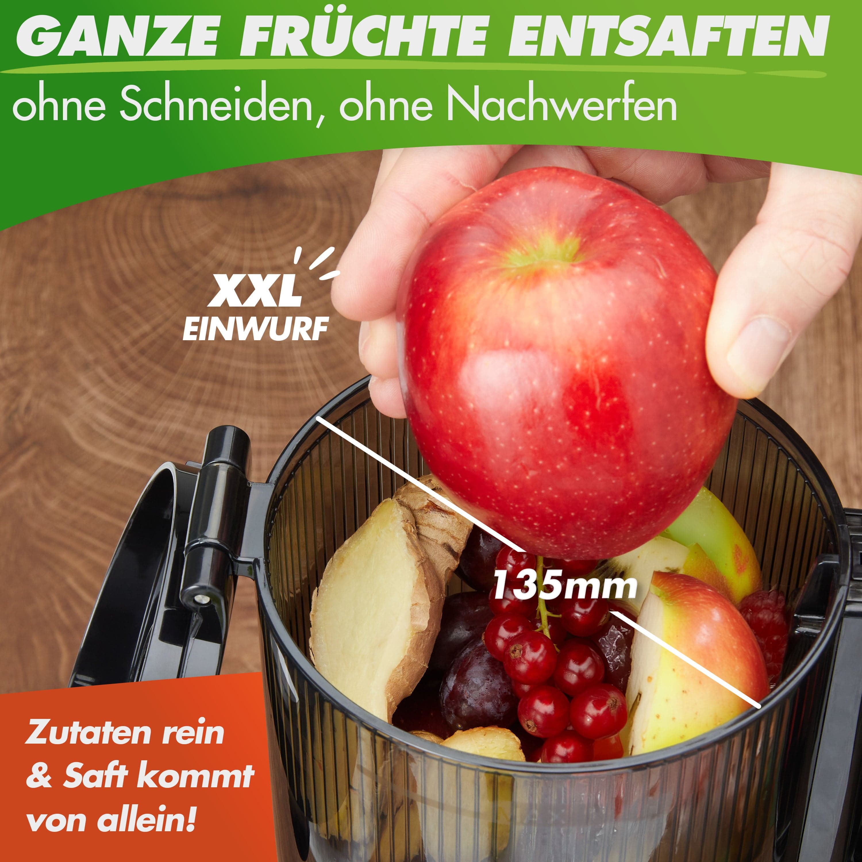 Nutrilovers Slow Juicer NUTRI-PRESS MAX (B) Entsafter Slow Juicer Großer XXL-Einwurf Obst & Gemüse Ganze Früchte entsaften ohne Nachschieben (BPA-frei) WissenWasDrinIst