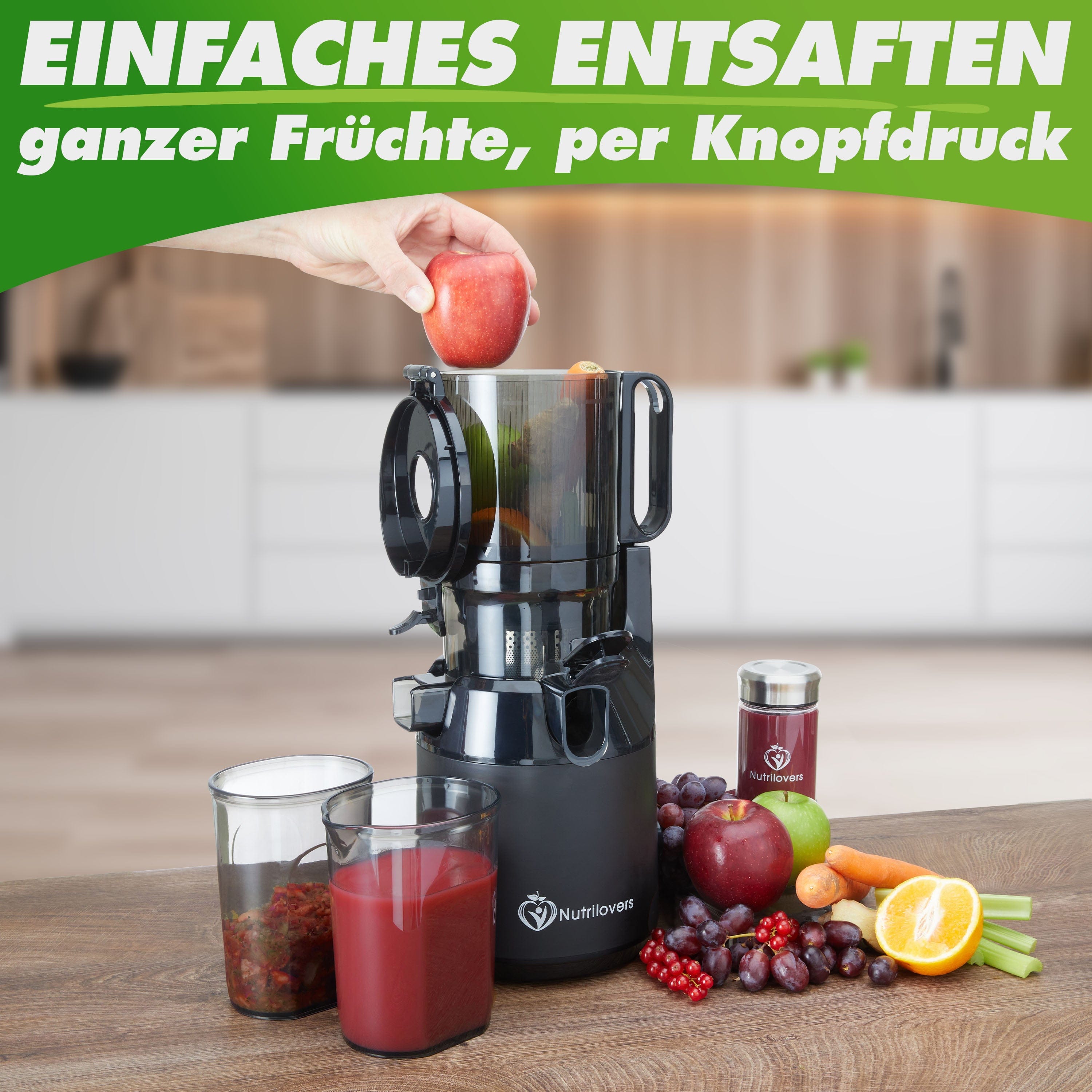 Nutrilovers Slow Juicer NUTRI-PRESS MAX (B) Entsafter Slow Juicer Großer XXL-Einwurf Obst & Gemüse Ganze Früchte entsaften ohne Nachschieben (BPA-frei) WissenWasDrinIst