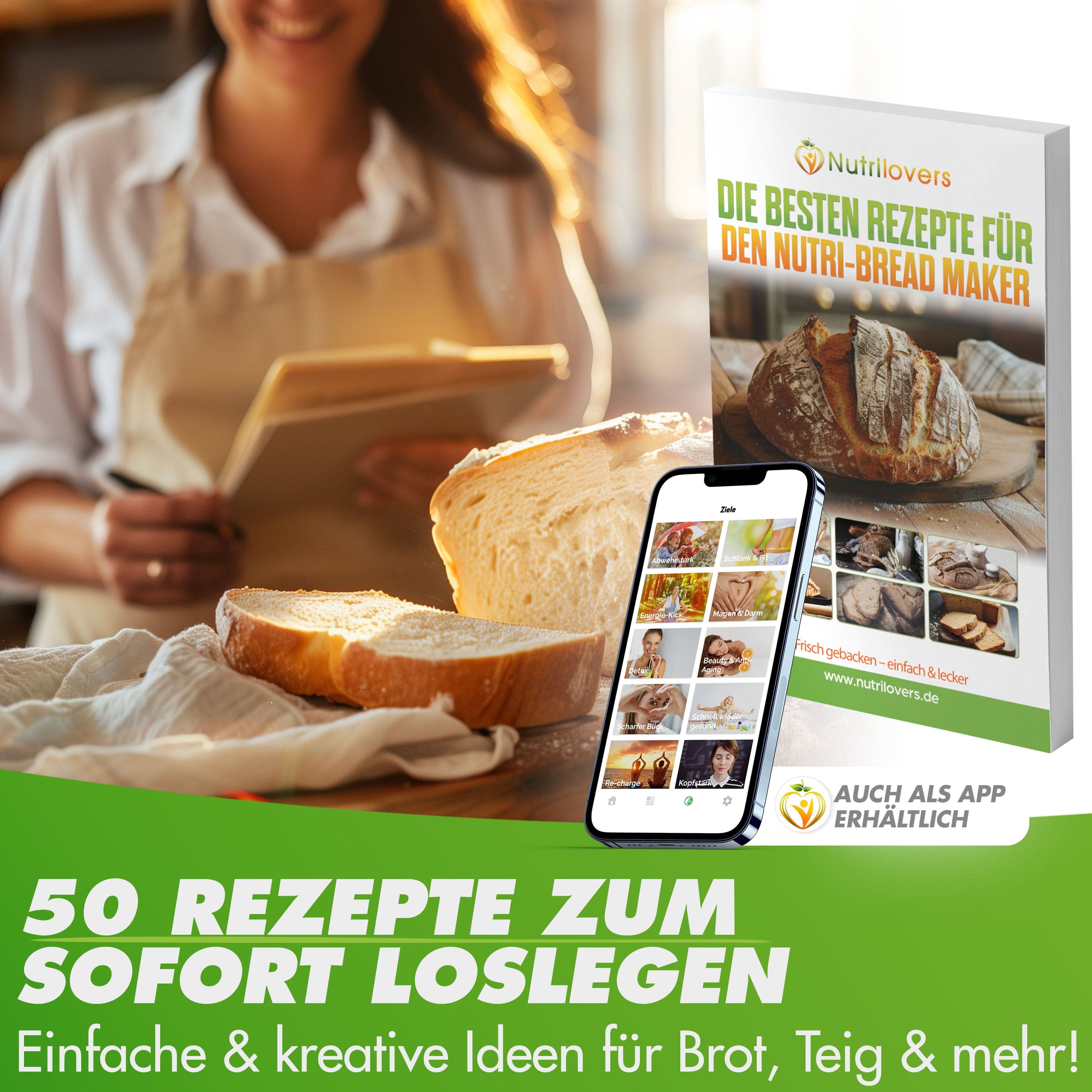 Nutrilovers Brotbackautomat NUTRI-BREAD-MAKER Edelstahl Brotbackautomat mit 19 Programmen, 3 Bräunungsstufen, Timer, 3 Brotgrößen (500g, 750g, 1000g) inkl. Rezeptbuch WissenWasDrinIst