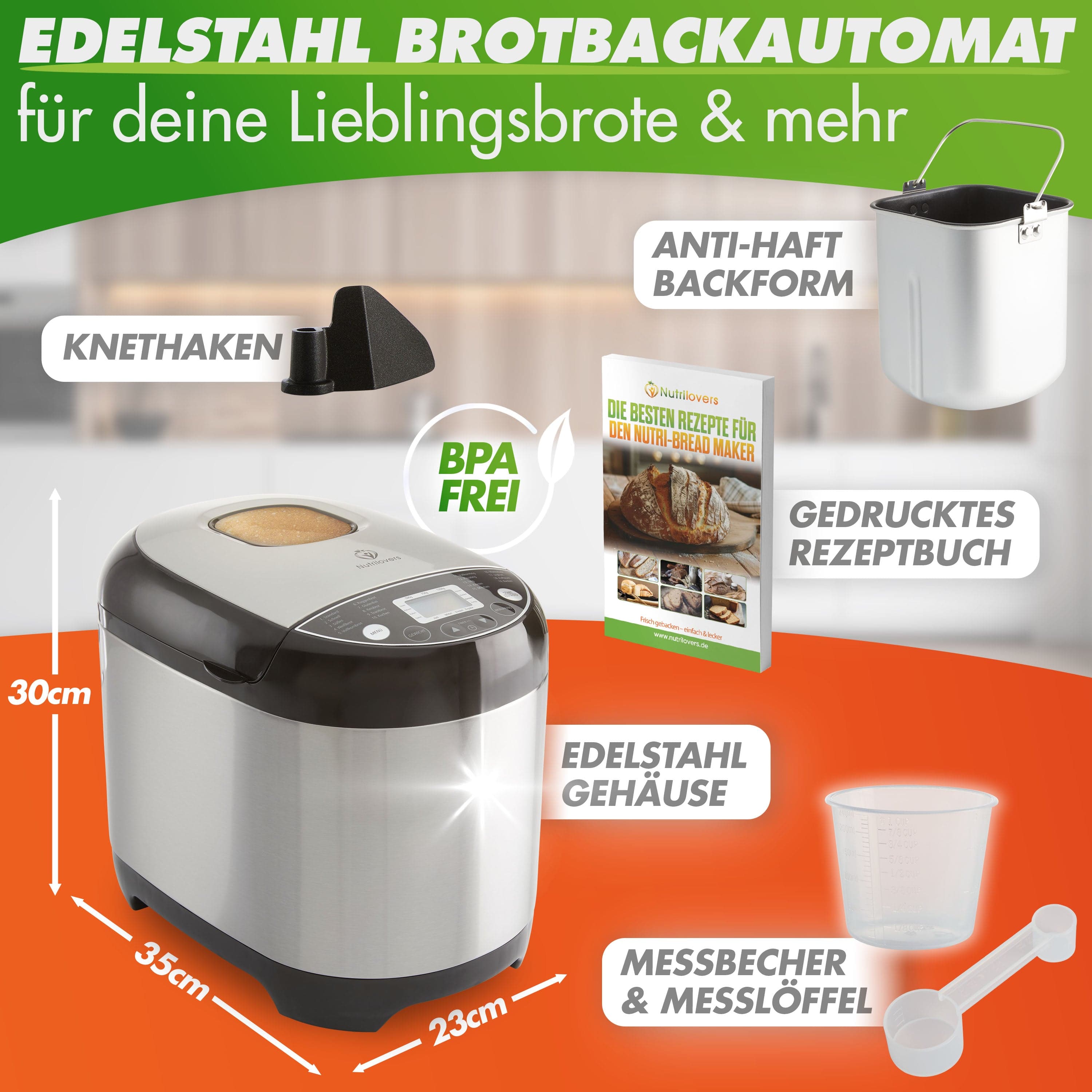 Nutrilovers Brotbackautomat NUTRI-BREAD-MAKER Edelstahl Brotbackautomat mit 19 Programmen, 3 Bräunungsstufen, Timer, 3 Brotgrößen (500g, 750g, 1000g) inkl. Rezeptbuch WissenWasDrinIst