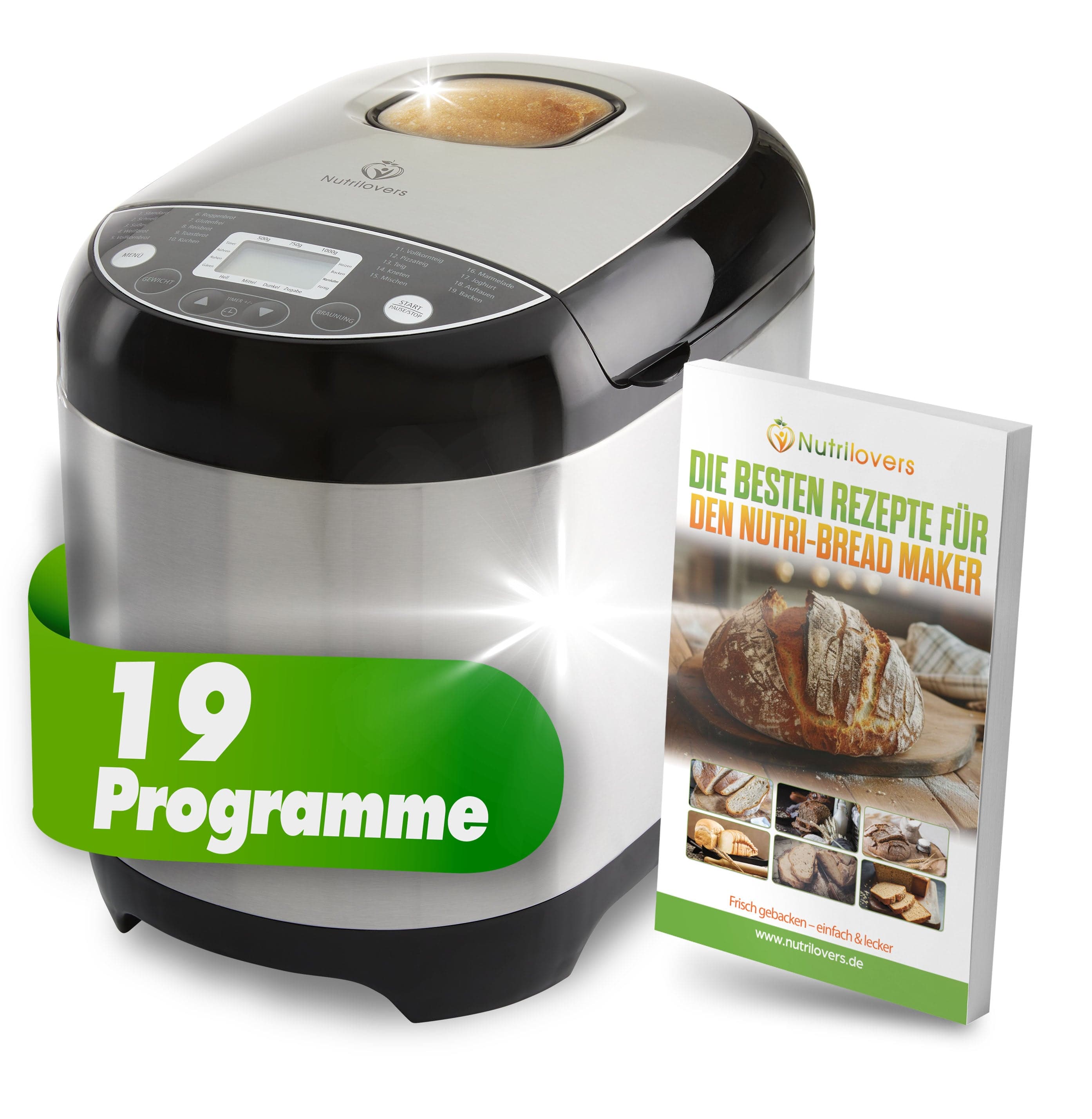 Nutrilovers Brotbackautomat NUTRI-BREAD-MAKER Edelstahl Brotbackautomat mit 19 Programmen, 3 Bräunungsstufen, Timer, 3 Brotgrößen (500g, 750g, 1000g) inkl. Rezeptbuch WissenWasDrinIst