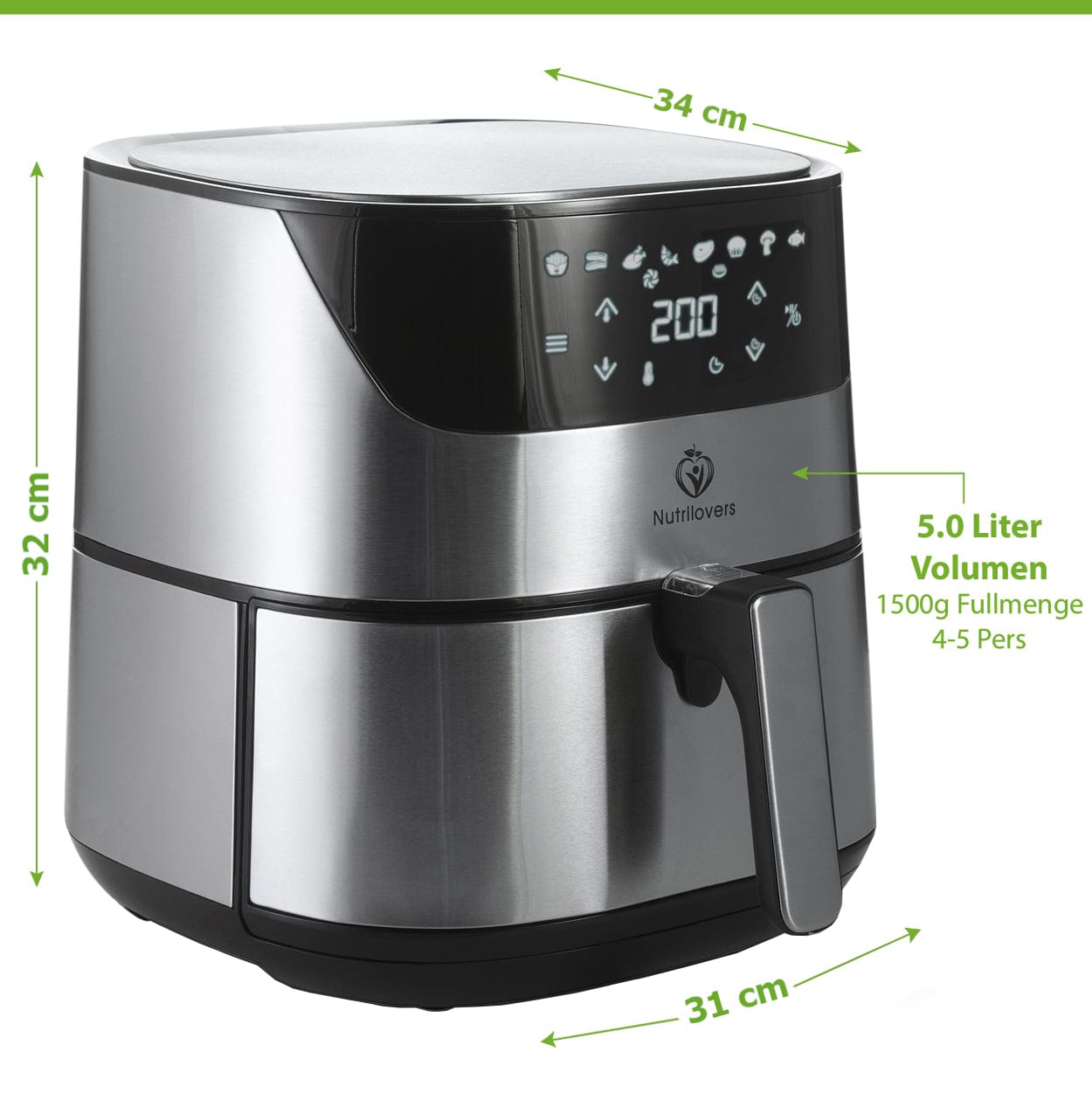 NUTRILOVERS | #WissenWasDrinIst Heißluftfritteuse Edelstahl / Silber NUTRI-FRYER Edelstahl Heißluftfritteuse XXL 2000W 5.0 L inkl. Zubehör kuechengeraete haushaltsgeraete WissenWasDrinIst