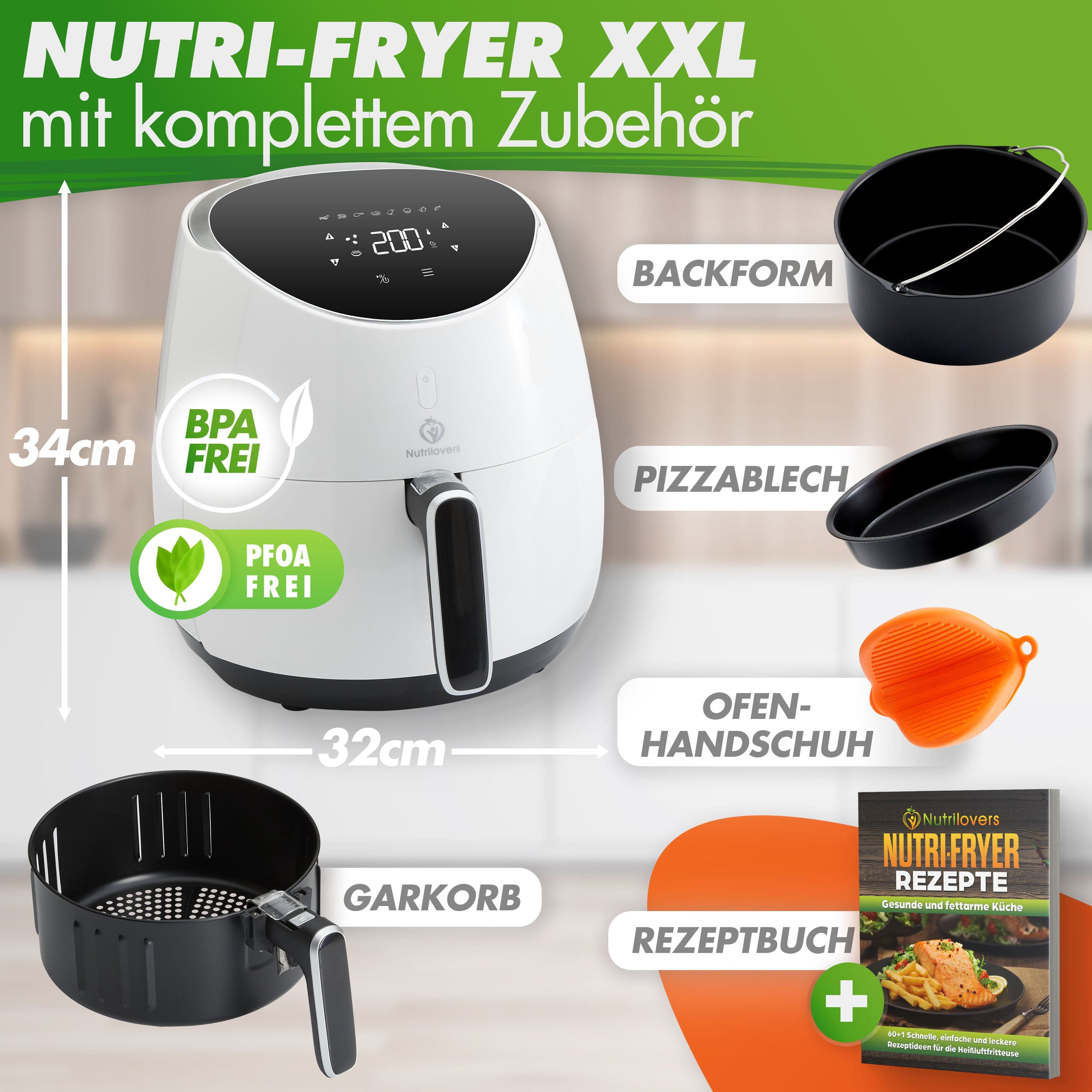 Nutrilovers Heißluftfritteuse NUTRI-FRYER Heißluftfritteuse XXL 2000W 5.0 L | Cool Touch | Digital Touchscreen mit Timer inkl. Zubehör WissenWasDrinIst