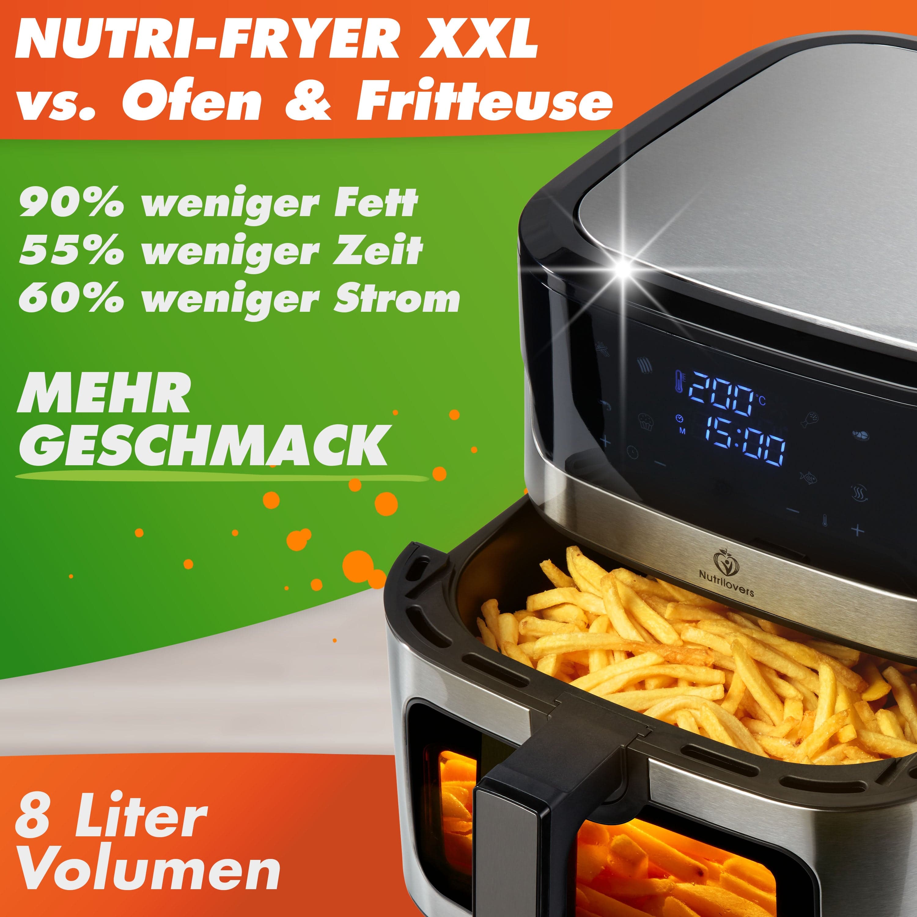 Nutrilovers Heißluftfritteuse NUTRI-FRYER Heißluftfritteuse XXL Edelstahl 2000W Power Airfryer Groß 8L - Double Heating, Sichtfenster, Pommes Fritteuse ohne Fett & Öl mit Rezeptbuch WissenWasDrinIst