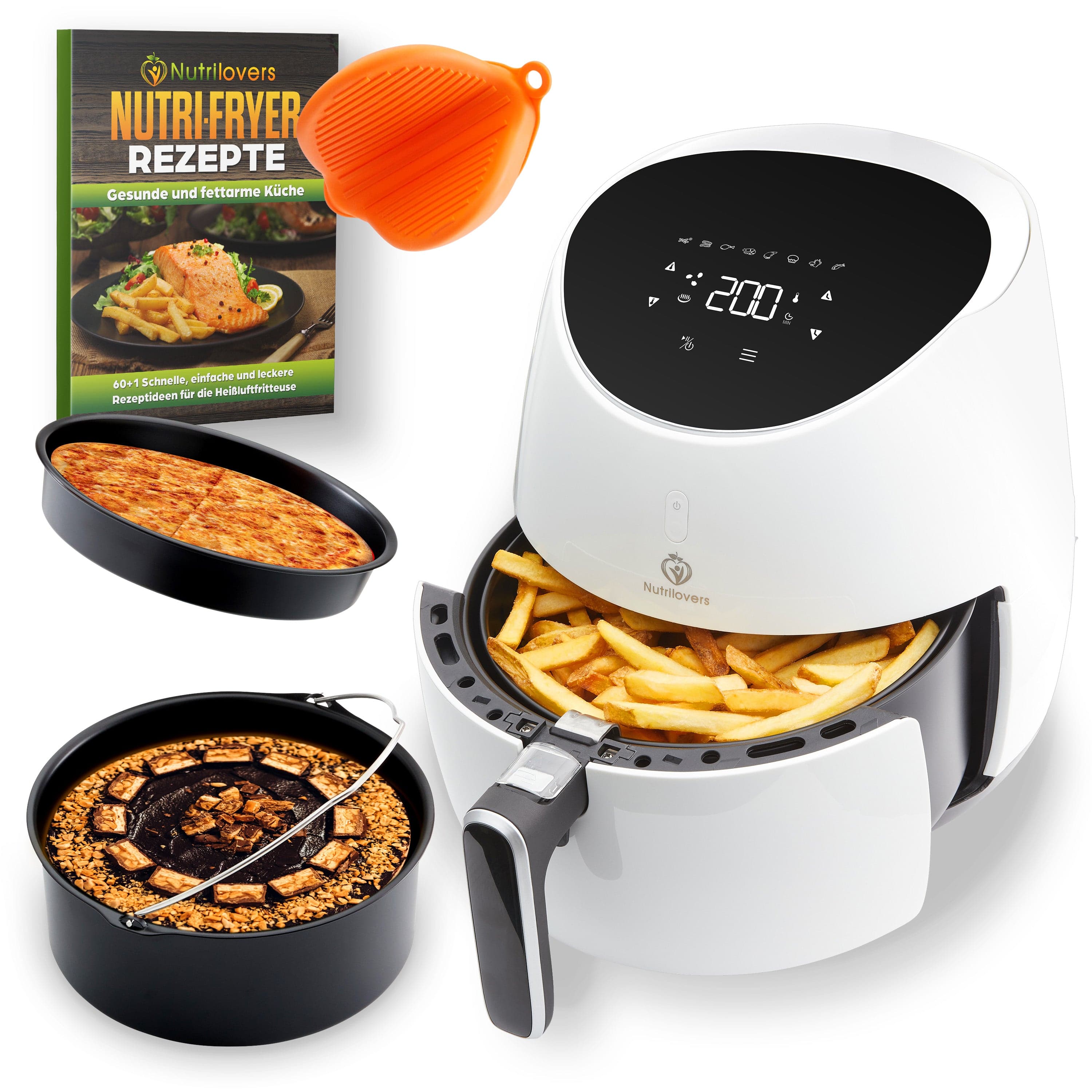 Nutrilovers Heißluftfritteuse NUTRI-FRYER Heißluftfritteuse XXL 2000W 5.0 L | Cool Touch | Digital Touchscreen mit Timer inkl. Zubehör WissenWasDrinIst
