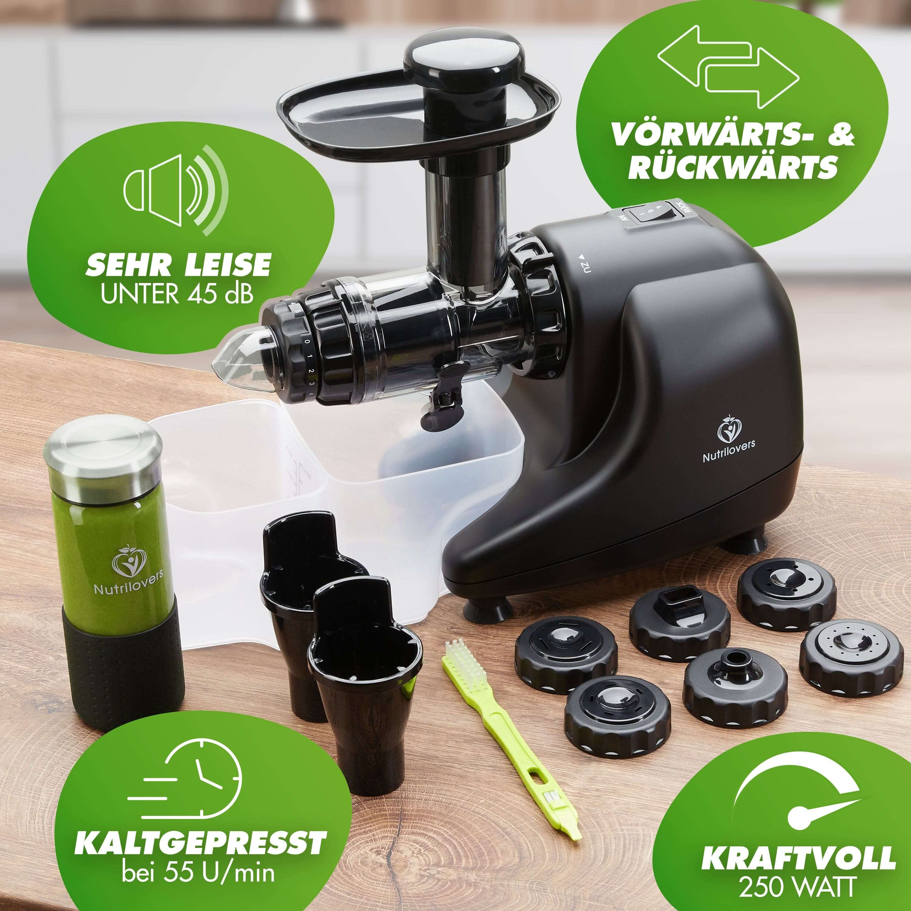 Nutrilovers MULTI-PRESS (B) Black - Profi Slow Juicer mit 6+1 Multi-Aufsätzen für Saft, Pasta, Brot & Sorbet WissenWasDrinIst