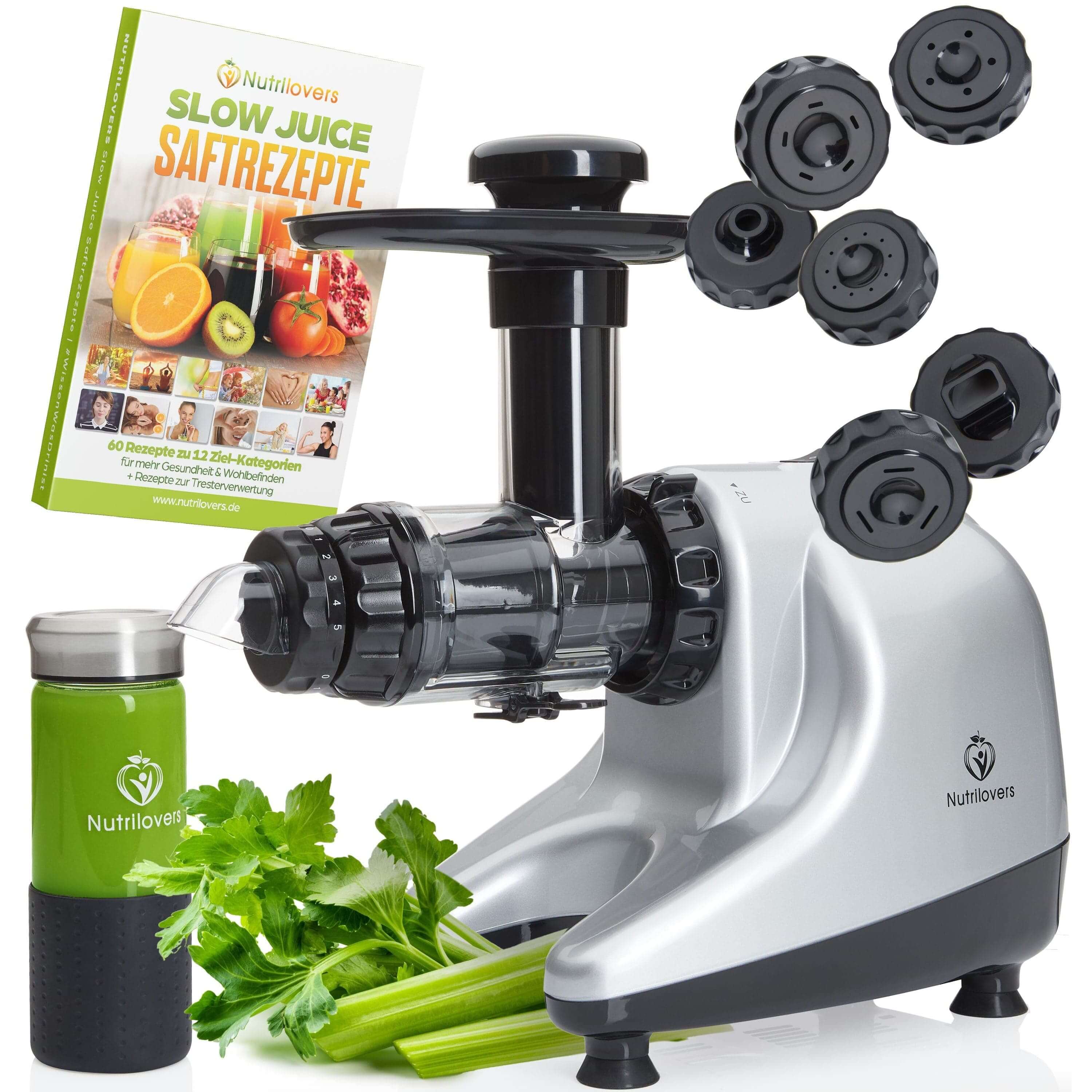 NUTRILOVERS | #WissenWasDrinIst MULTI-PRESS (B) Silver - Profi Slow Juicer mit 6+1 Multi-Aufsätzen für Saft, Pasta, Brot  & Sorbet kuechengeraete haushaltsgeraete WissenWasDrinIst