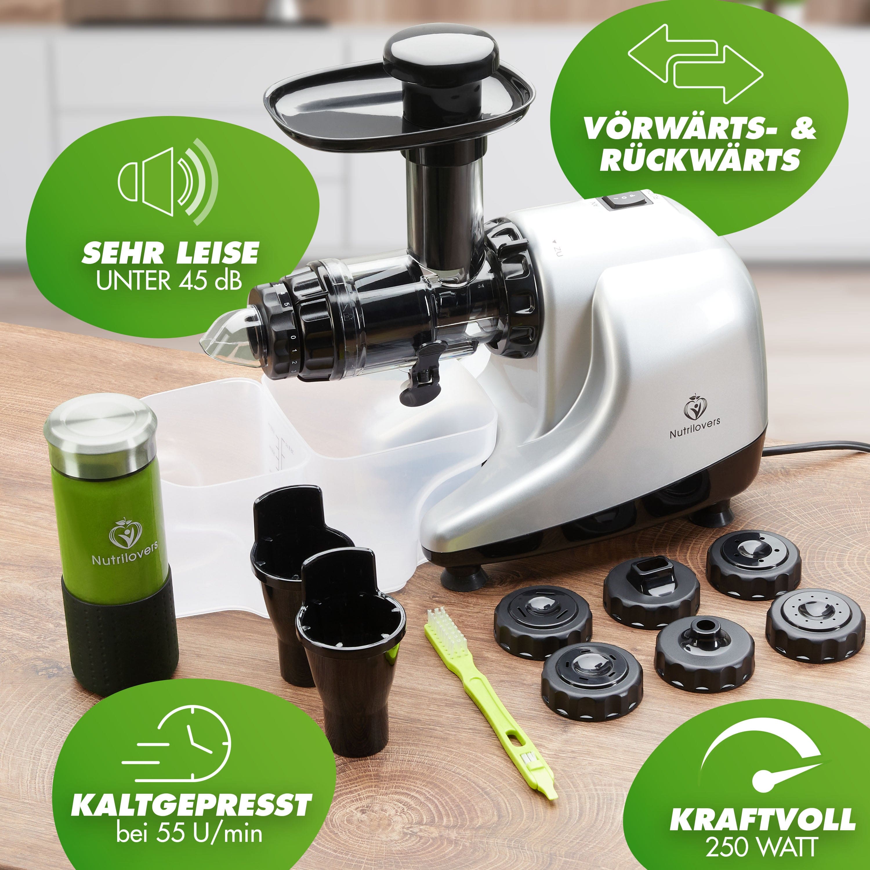 Nutrilovers MULTI-PRESS (B) Silver - Profi Slow Juicer mit 6+1 Multi-Aufsätzen für Saft, Pasta, Brot & Sorbet WissenWasDrinIst