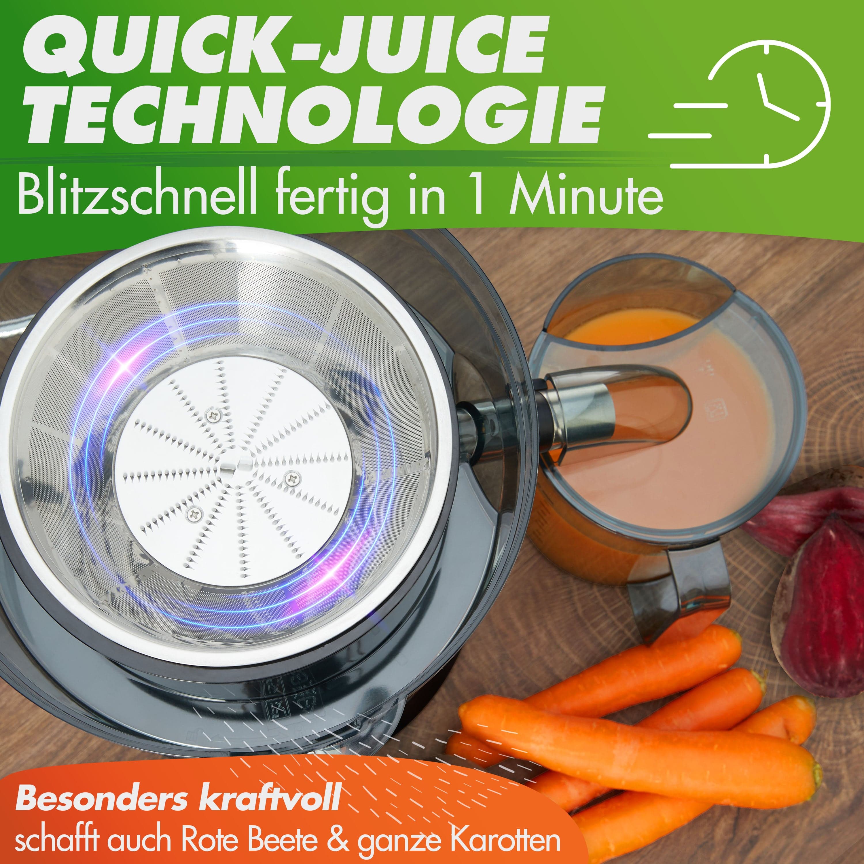 Nutrilovers QUICK-JUICER (B) Zentrifugal-Entsafter mit XXL-Einfüllöffnung und Edelstahl-Sieb WissenWasDrinIst