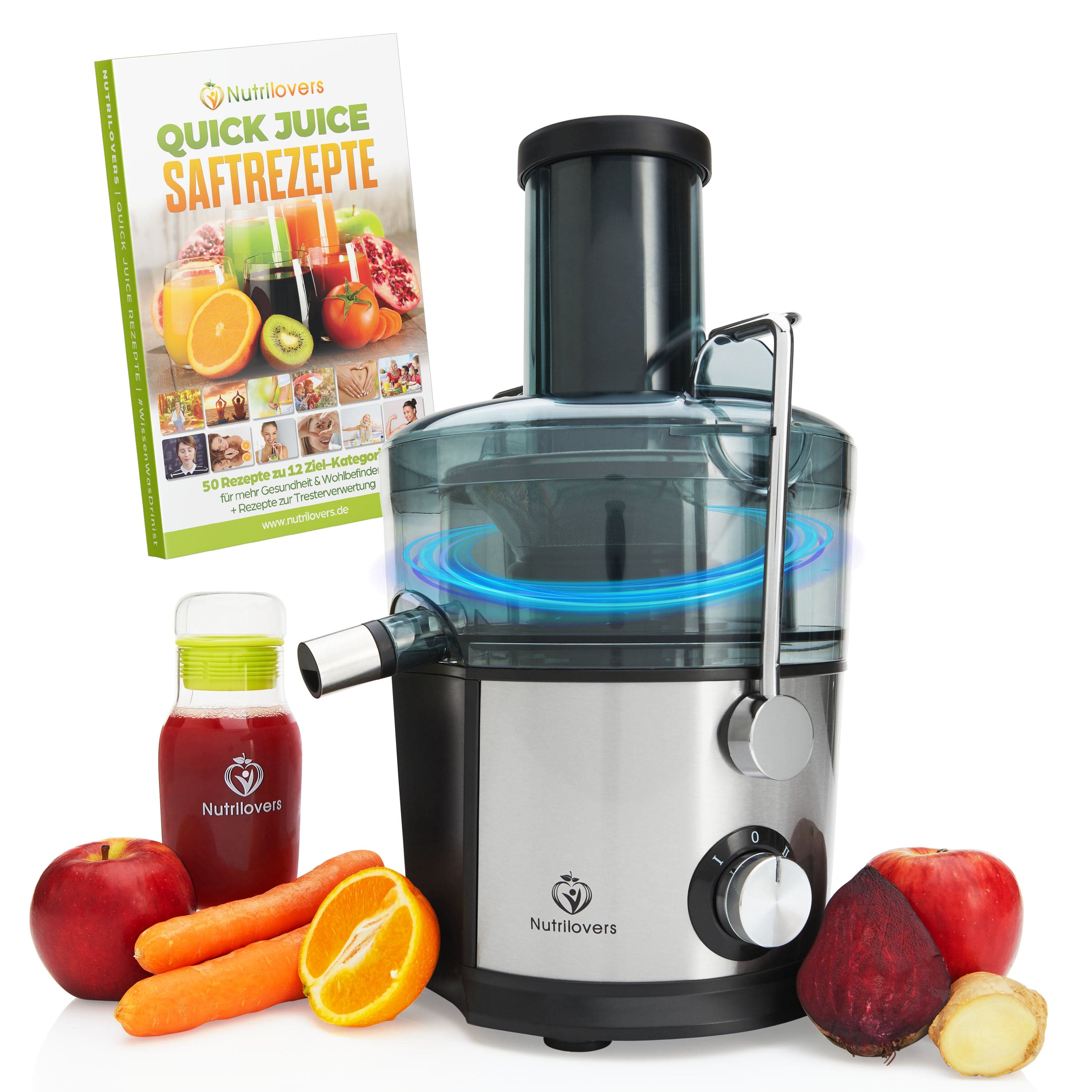 Nutrilovers QUICK-JUICER (B) Zentrifugal-Entsafter mit XXL-Einfüllöffnung und Edelstahl-Sieb WissenWasDrinIst