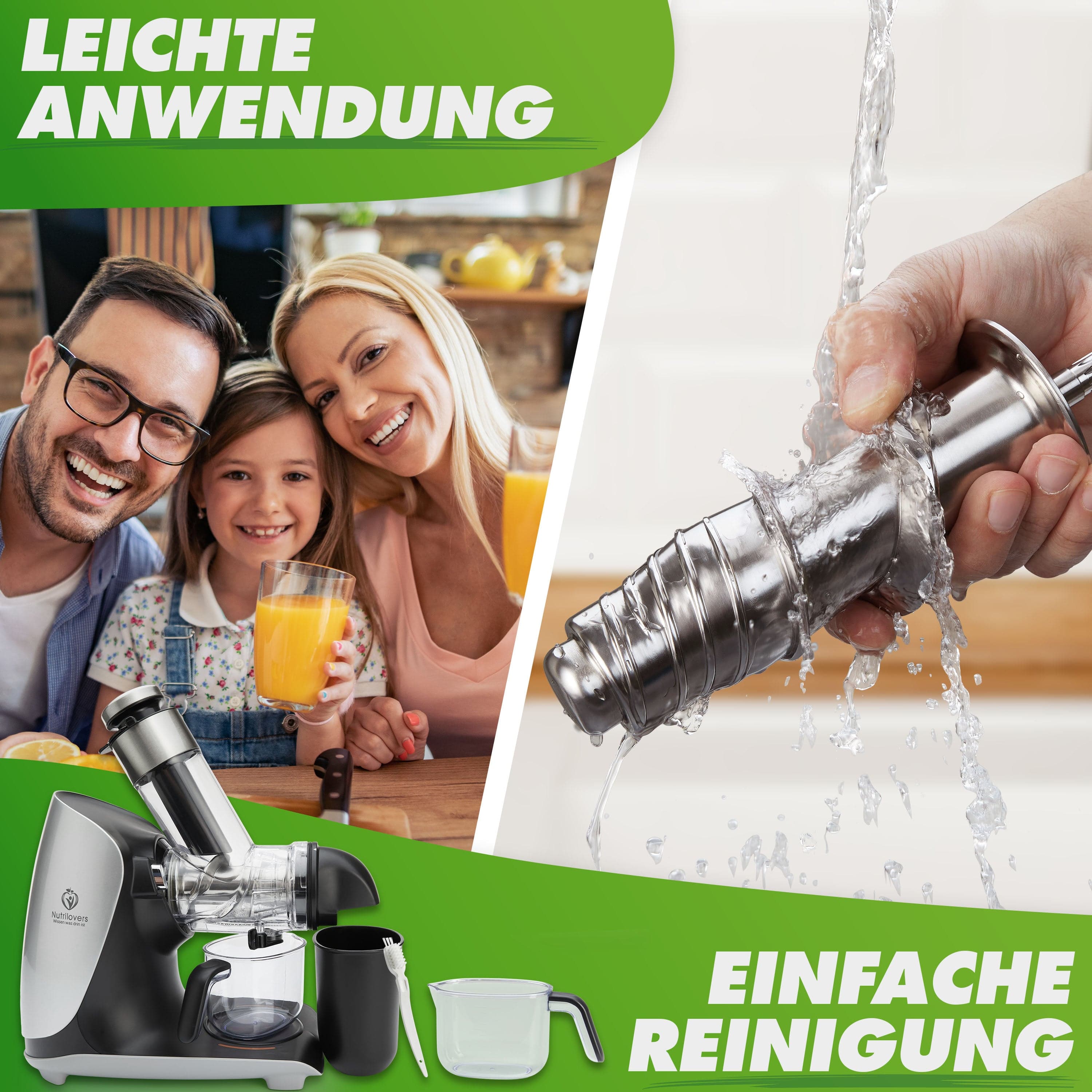 Nutrilovers Slow Juicer GREEN-PRESS MAX EDELSTAHL (B) Entsafter Slow Juicer mit Edelstahl-Pressschnecke WissenWasDrinIst
