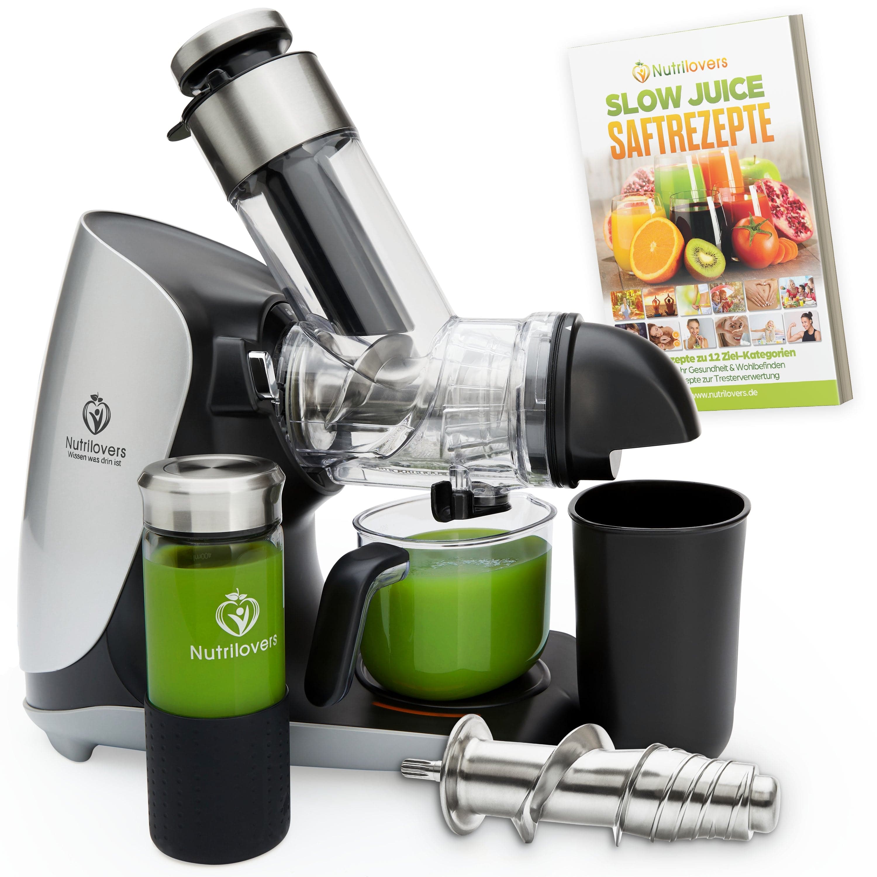 Nutrilovers Slow Juicer GREEN-PRESS MAX EDELSTAHL (B) Entsafter Slow Juicer mit Edelstahl-Pressschnecke WissenWasDrinIst