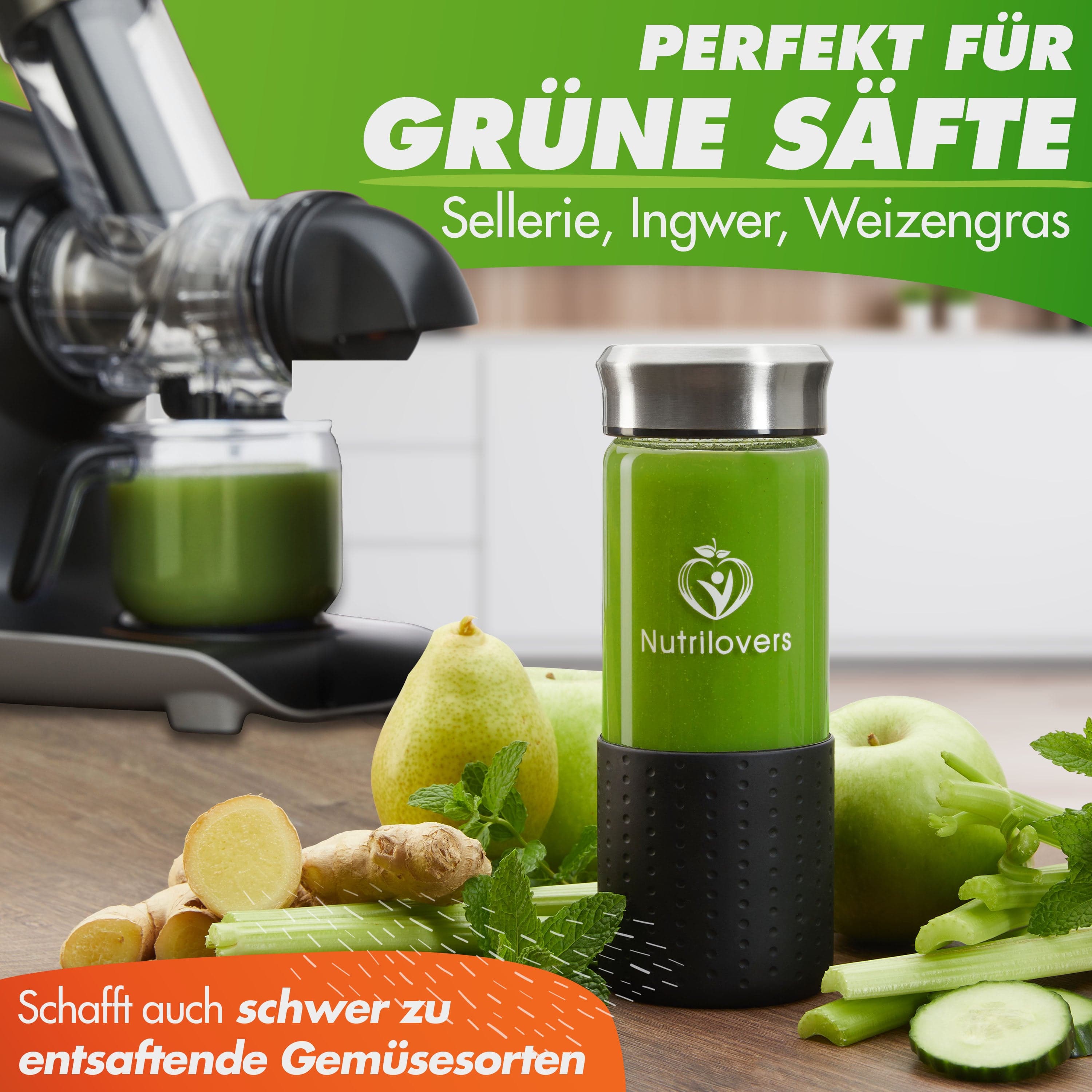 Nutrilovers Slow Juicer GREEN-PRESS MAX EDELSTAHL (B) Entsafter Slow Juicer mit Edelstahl-Pressschnecke WissenWasDrinIst