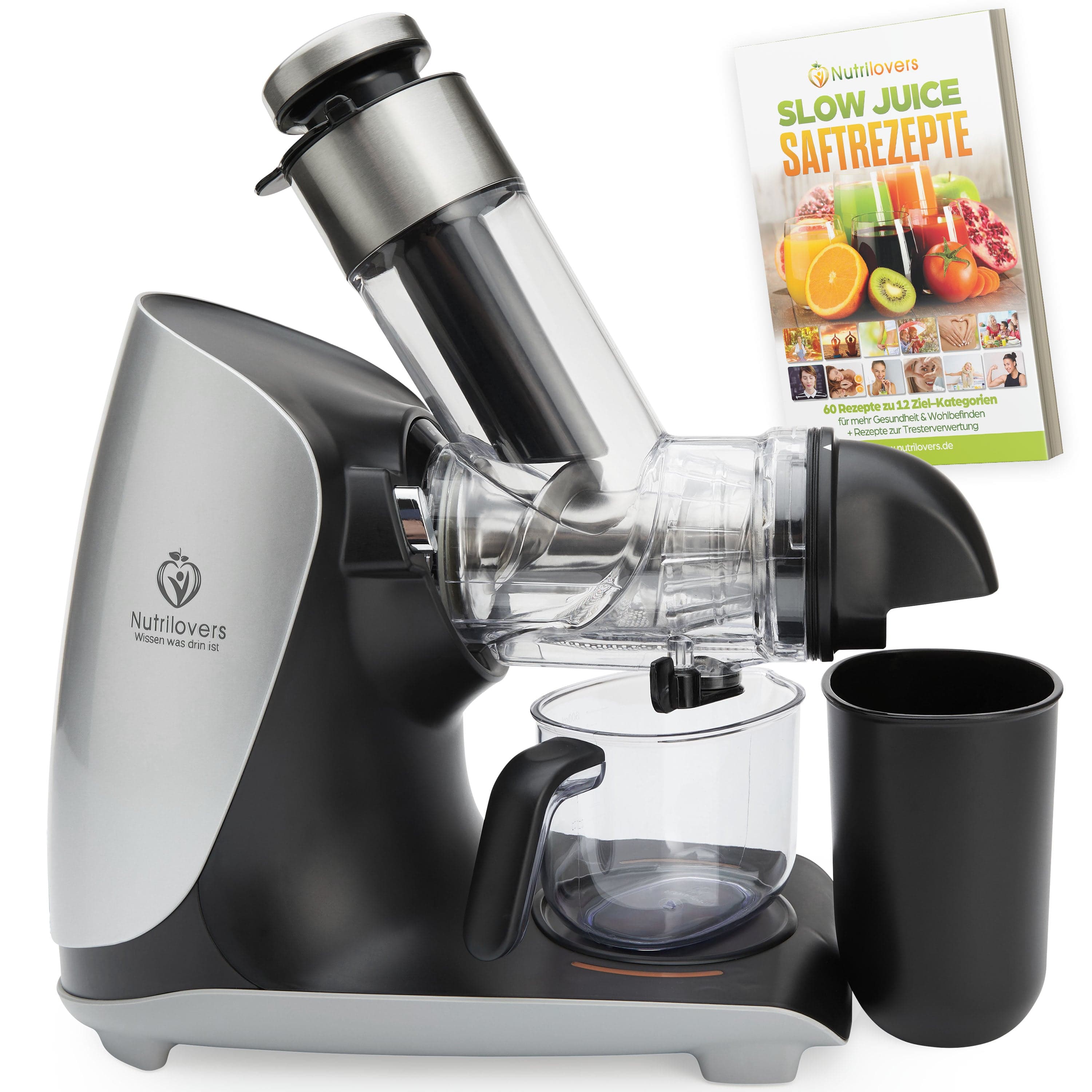 Nutrilovers Slow Juicer GREEN-PRESS MAX EDELSTAHL (B) Entsafter Slow Juicer mit Edelstahl-Pressschnecke WissenWasDrinIst