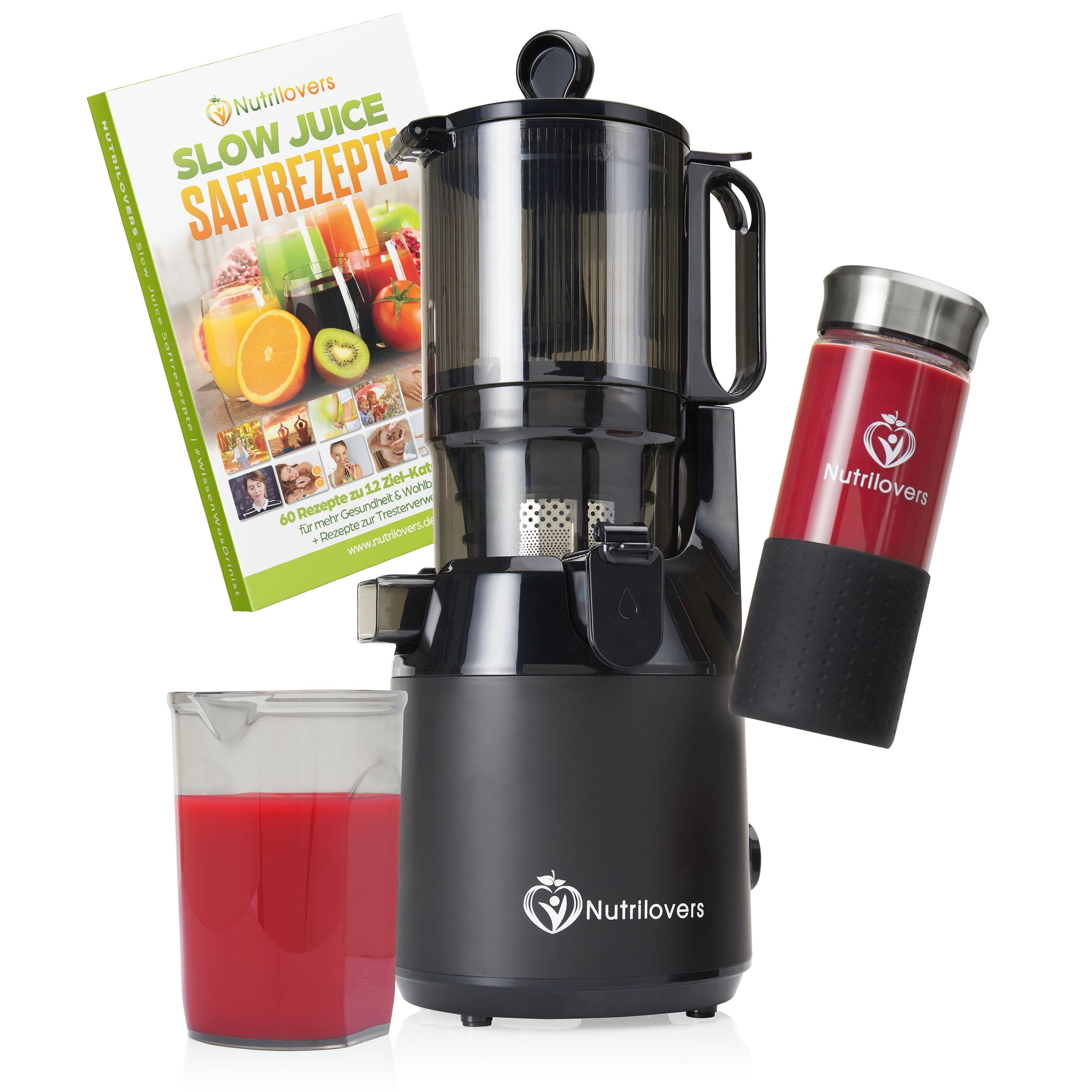 NUTRILOVERS | #WissenWasDrinIst Slow Juicer Schwarz NUTRI-PRESS MAX Entsafter Slow Juicer Großer XXL-Einwurf Obst & Gemüse Ganze Früchte entsaften ohne Nachschieben (BPA-frei) kuechengeraete haushaltsgeraete WissenWasDrinIst
