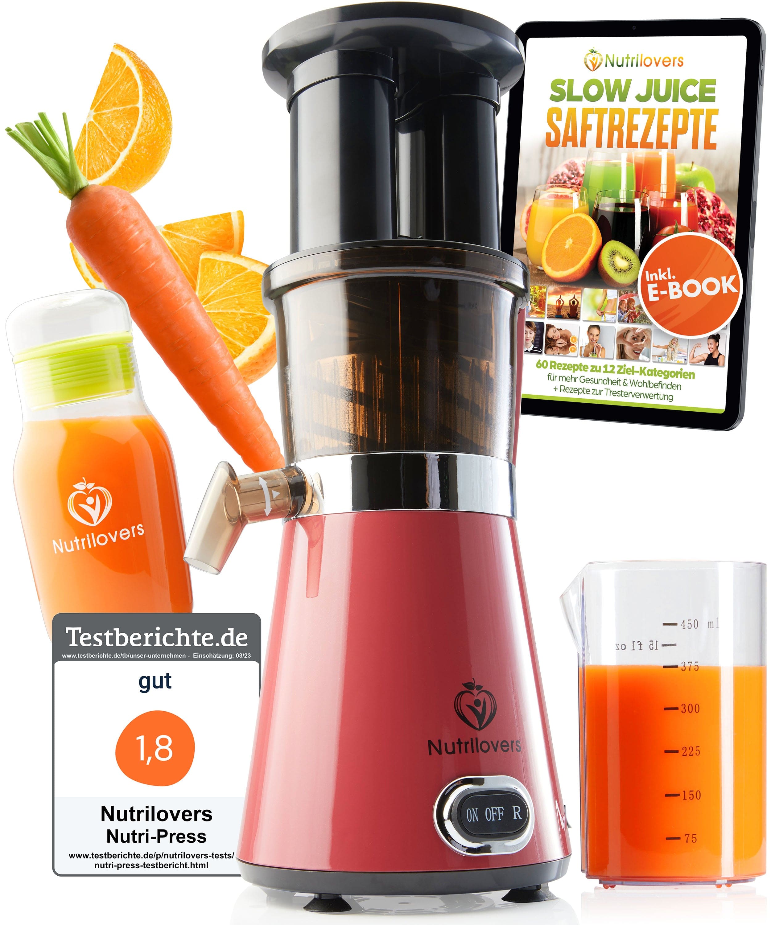 Nutrilovers Slow Juicer NUTRI-PRESS Slow Juicer für Einsteiger | BPA-Frei (Schwarz) WissenWasDrinIst