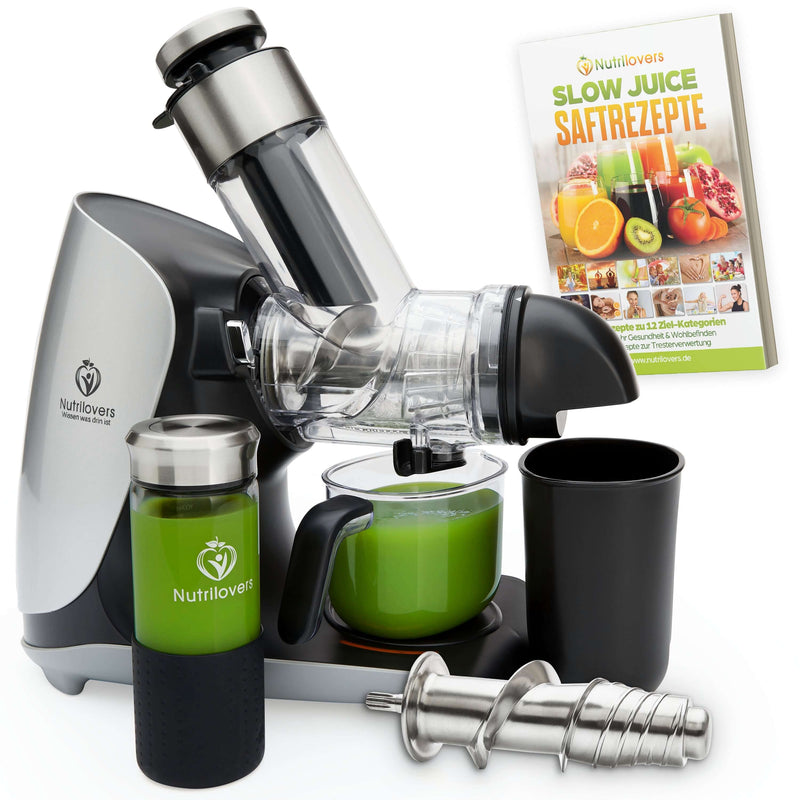 Nutrilovers Slow Juicer GREEN-PRESS MAX EDELSTAHL Entsafter mit Edelstahl-Schnecke Silber / Edelstahl