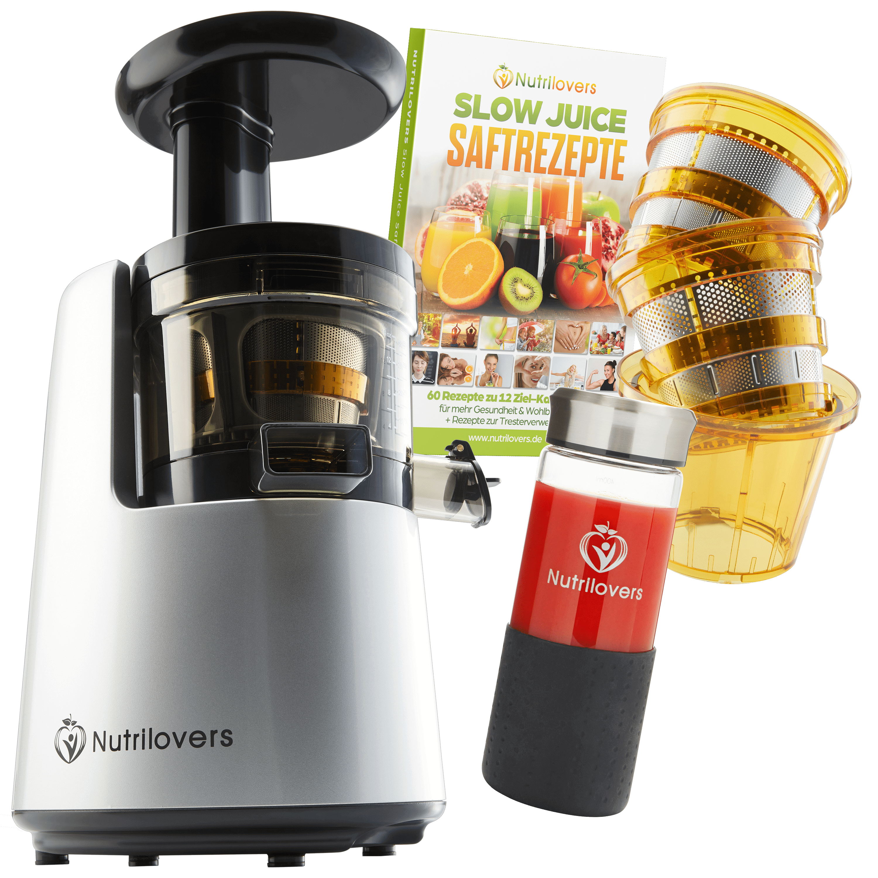 NUTRILOVERS | #WissenWasDrinIst Slow Juicer ULTEM NUTRI-PRESS NO.1 - Premium Slow Juicer Vertikal mit 3 Sieben | BPA-frei kuechengeraete haushaltsgeraete WissenWasDrinIst