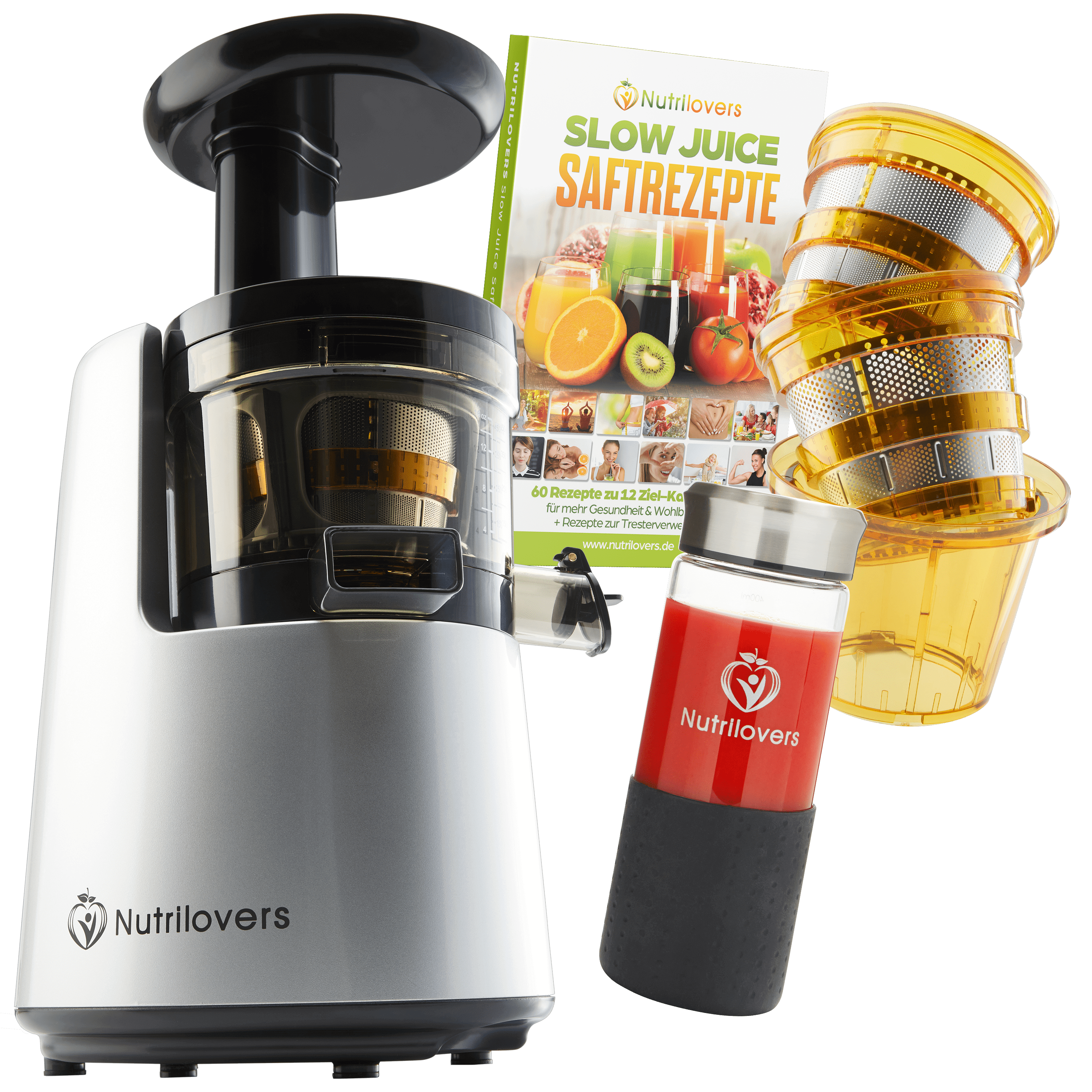 NUTRILOVERS | #WissenWasDrinIst Slow Juicer ULTEM NUTRI-PRESS NO.1 - Premium Slow Juicer Vertikal mit 3 Sieben | BPA-frei 