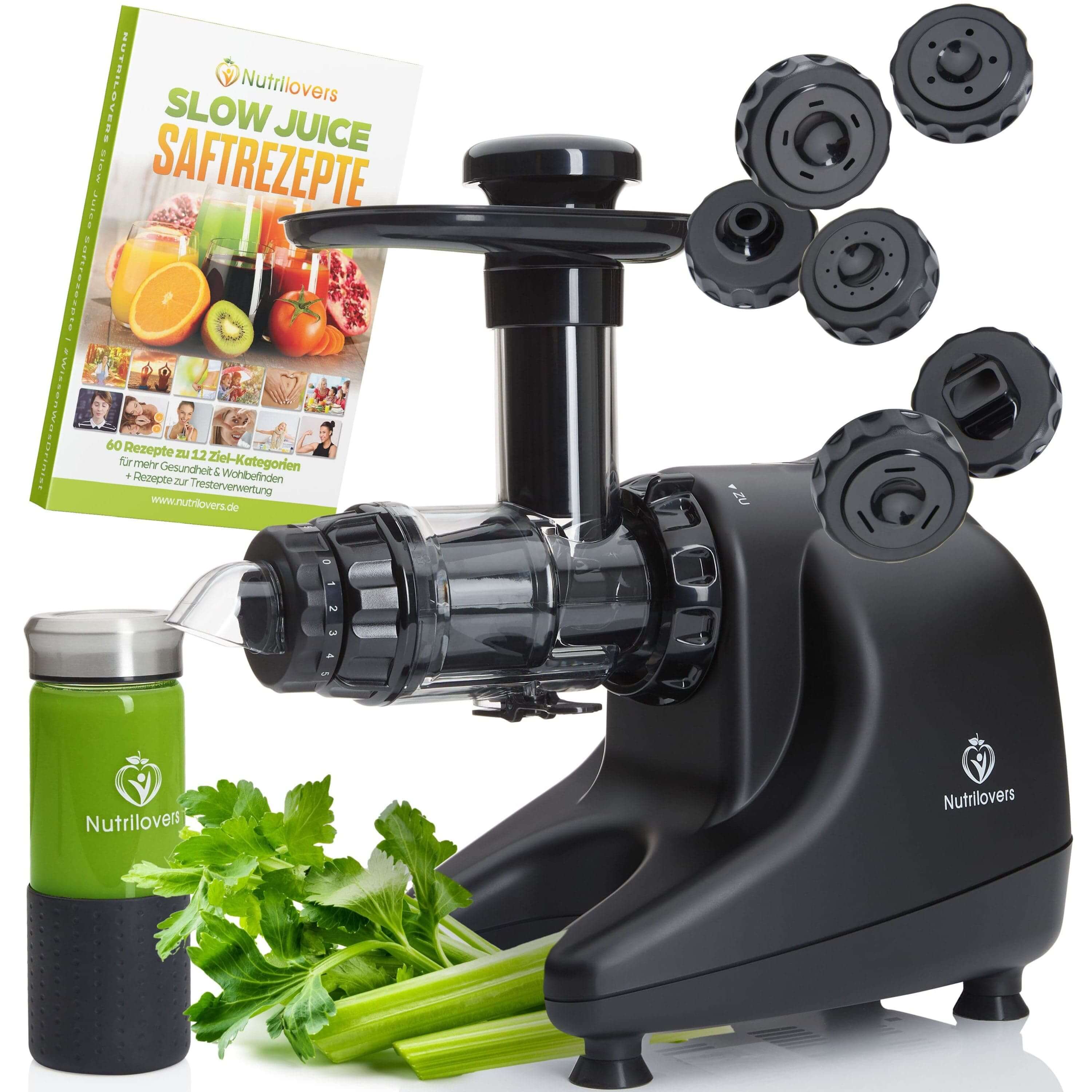 NUTRILOVERS  Slow Juicer ULTEM / Schwarz  MULTI-PRESS Profi Slow Juicer mit 6+1 Multi-Aufsätzen für Saft, Pasta, Brot  & Sorbet kuechengeraete haushaltsgeraete 