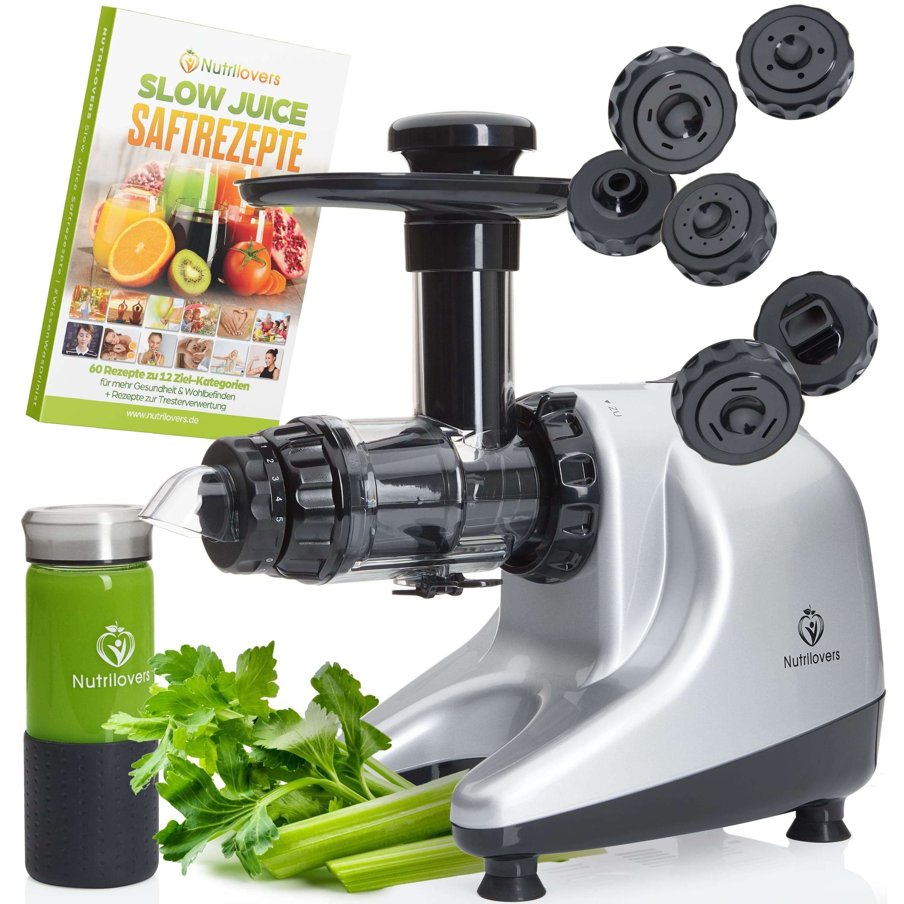 NUTRILOVERS | #WissenWasDrinIst Slow Juicer ULTEM / Silber *Neu* MULTI-PRESS Profi Slow Juicer mit 6+1 Multi-Aufsätzen für Saft, Pasta, Brot & Sorbet kuechengeraete haushaltsgeraete WissenWasDrinIst