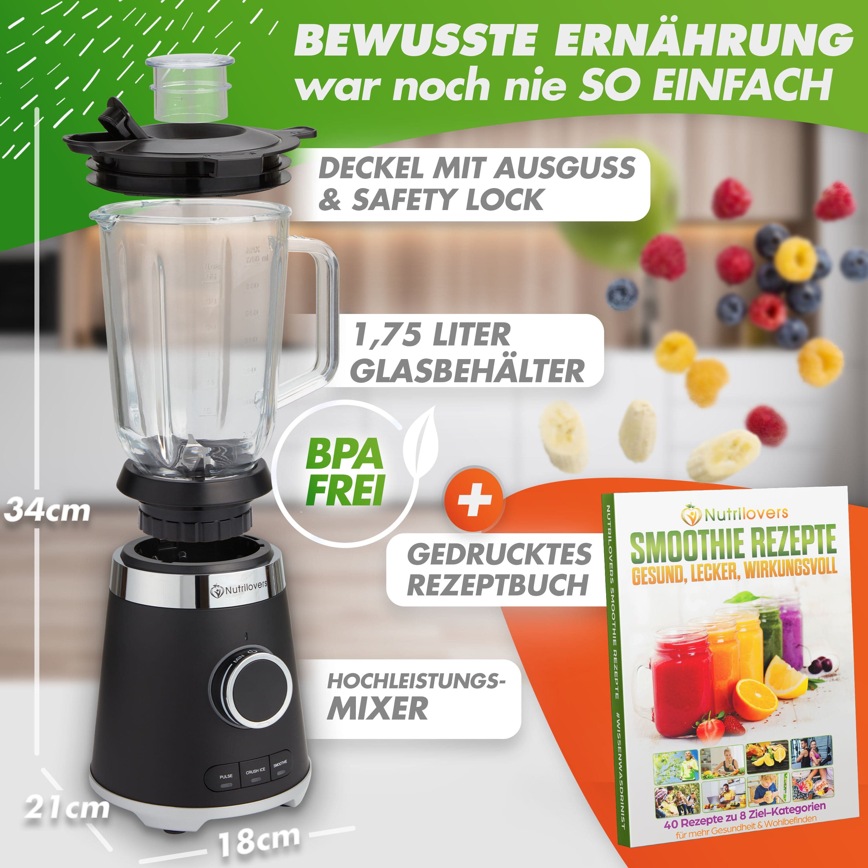 Nutrilovers Standmixer NUTRI-BLENDER GLAS (B) Standmixer mit Glasbehälter, 1300W, 3 Programme inkl. Rezeptbuch WissenWasDrinIst