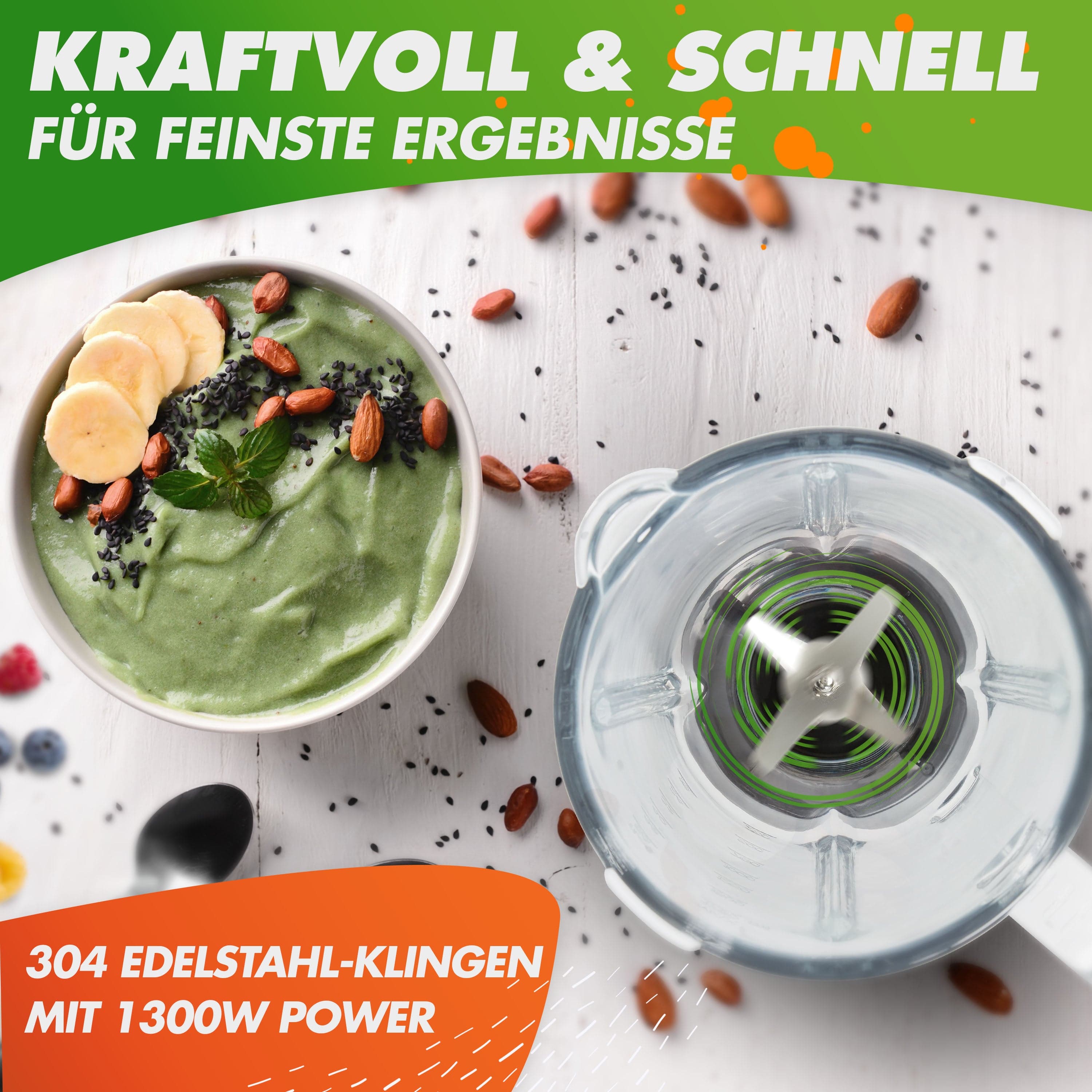 Nutrilovers Standmixer NUTRI-BLENDER GLAS (B) Standmixer mit Glasbehälter, 1300W, 3 Programme inkl. Rezeptbuch WissenWasDrinIst