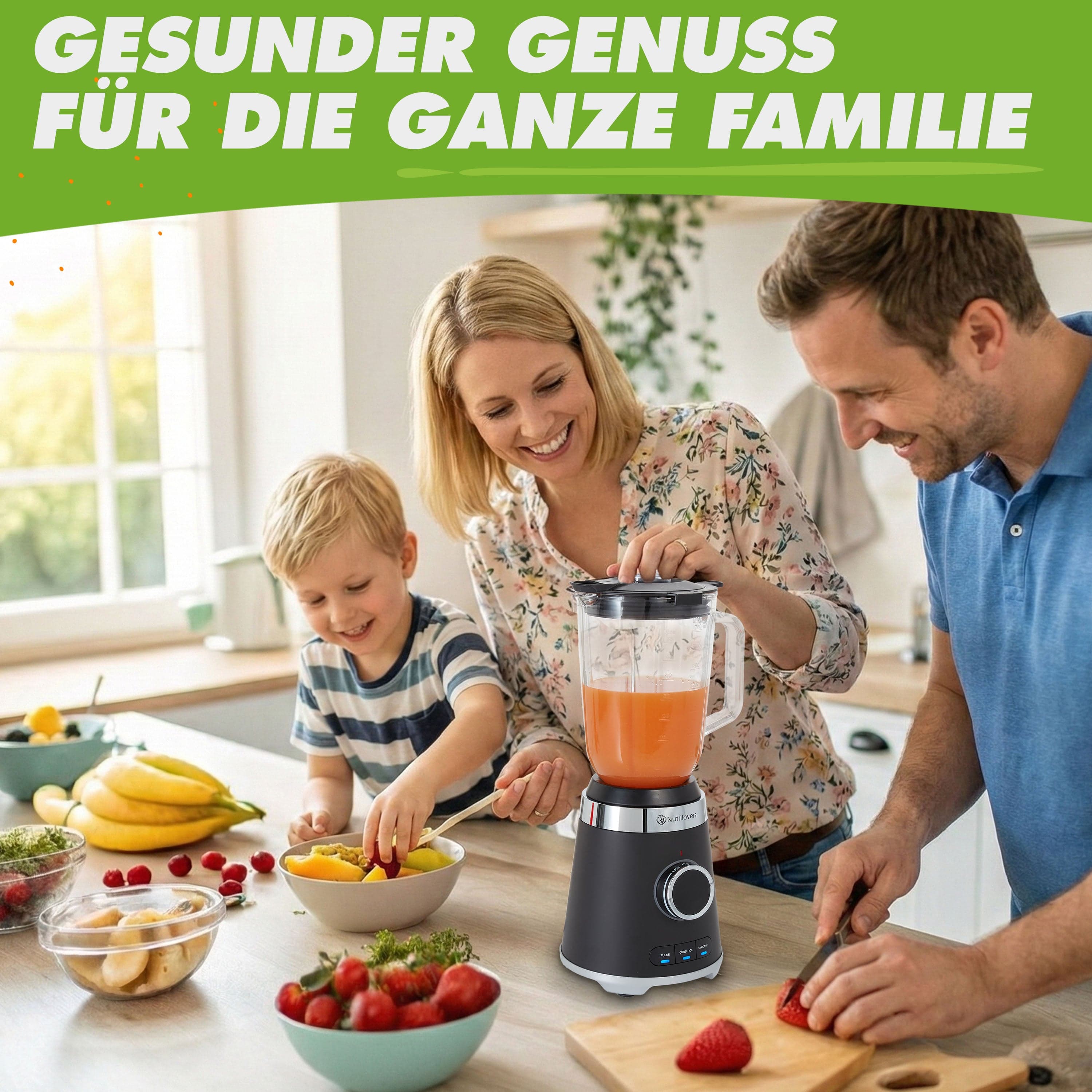 Nutrilovers Standmixer NUTRI-BLENDER GLAS Standmixer mit Glasbehälter, 1300W, 3 Programme inkl. Rezeptbuch WissenWasDrinIst