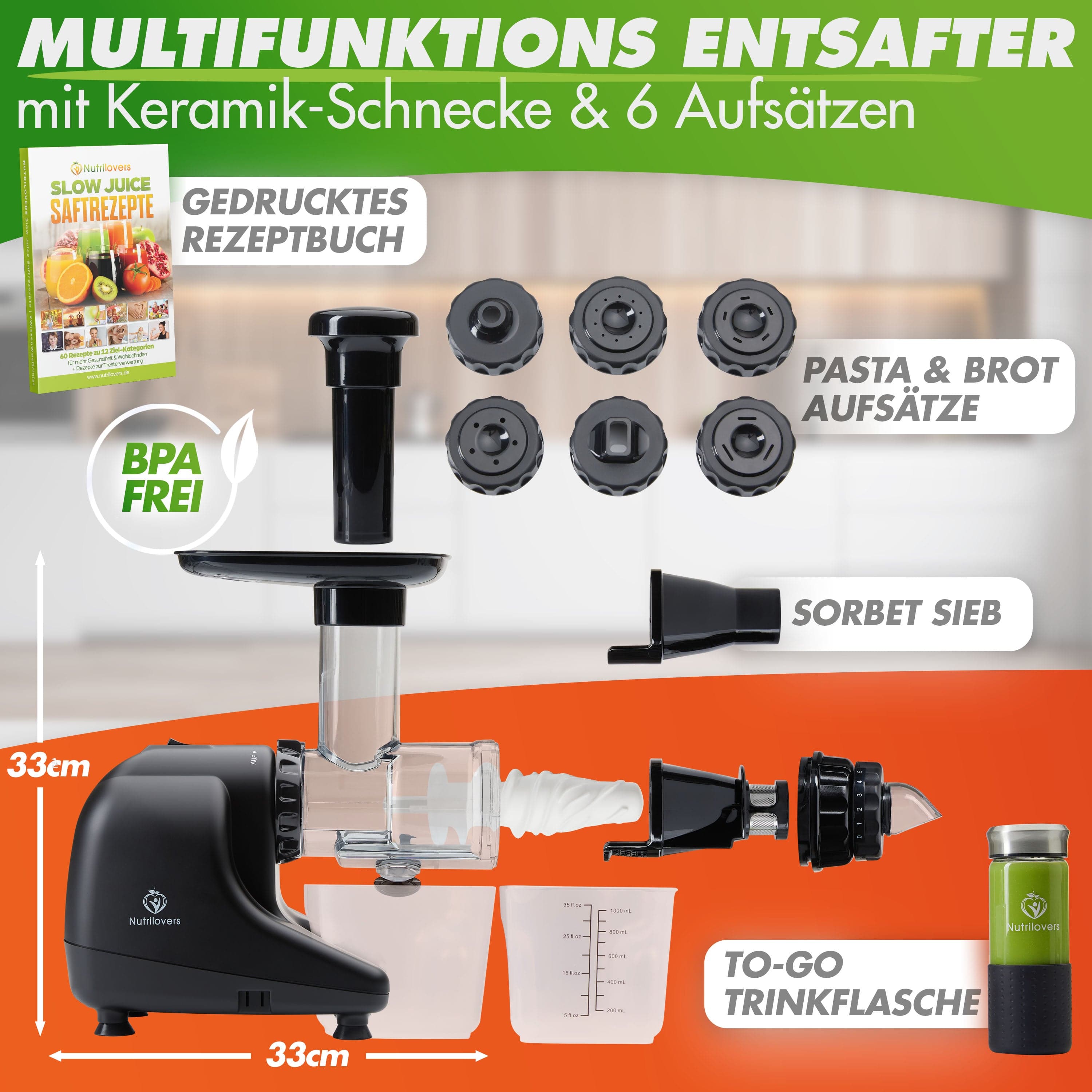 Nutrilovers MULTI-PRESS KERAMIK (B) Profi Slow Juicer mit echter Keramik Presschnecke | BPA-frei