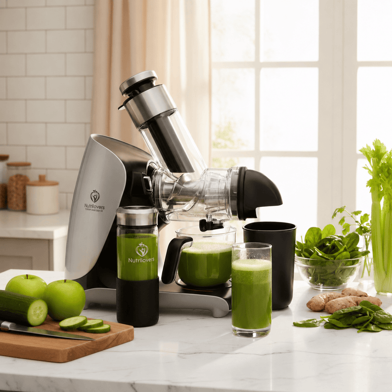 Nutrilovers Slow Juicer GREEN-PRESS MAX EDELSTAHL Entsafter mit Edelstahl-Schnecke Silber / Edelstahl