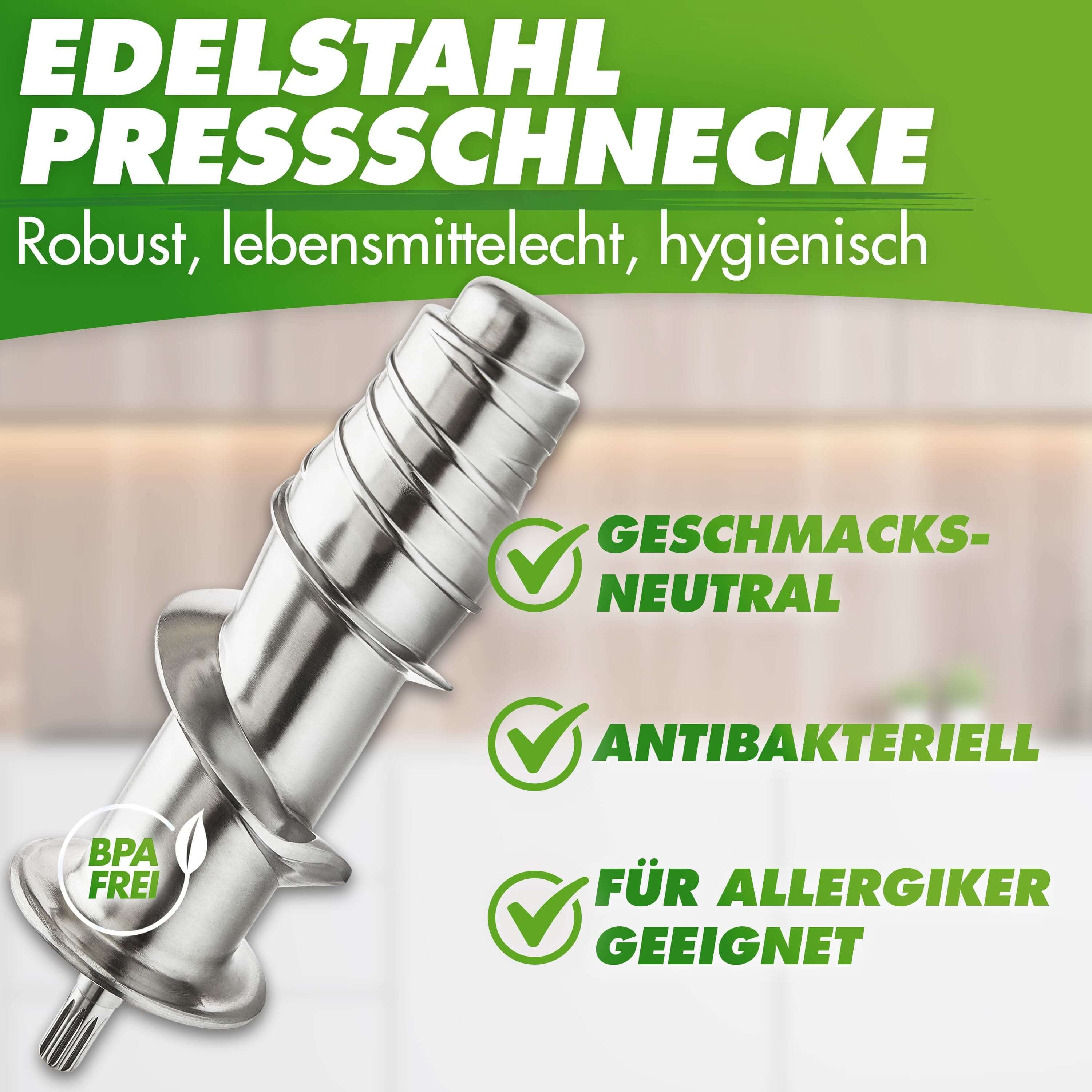 Edelstahl Pressschnecke für Slow Juicer, geschmacksneutral, antibakteriell, BPA-frei, hygienisch und für Allergiker geeignet.