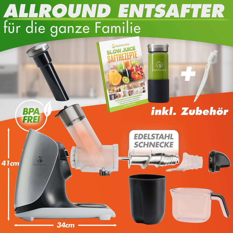 Slow Juicer GREEN-PRESS MAX mit Edelstahl-Schnecke, Zubehör und Rezeptbuch für gesunde Säfte.