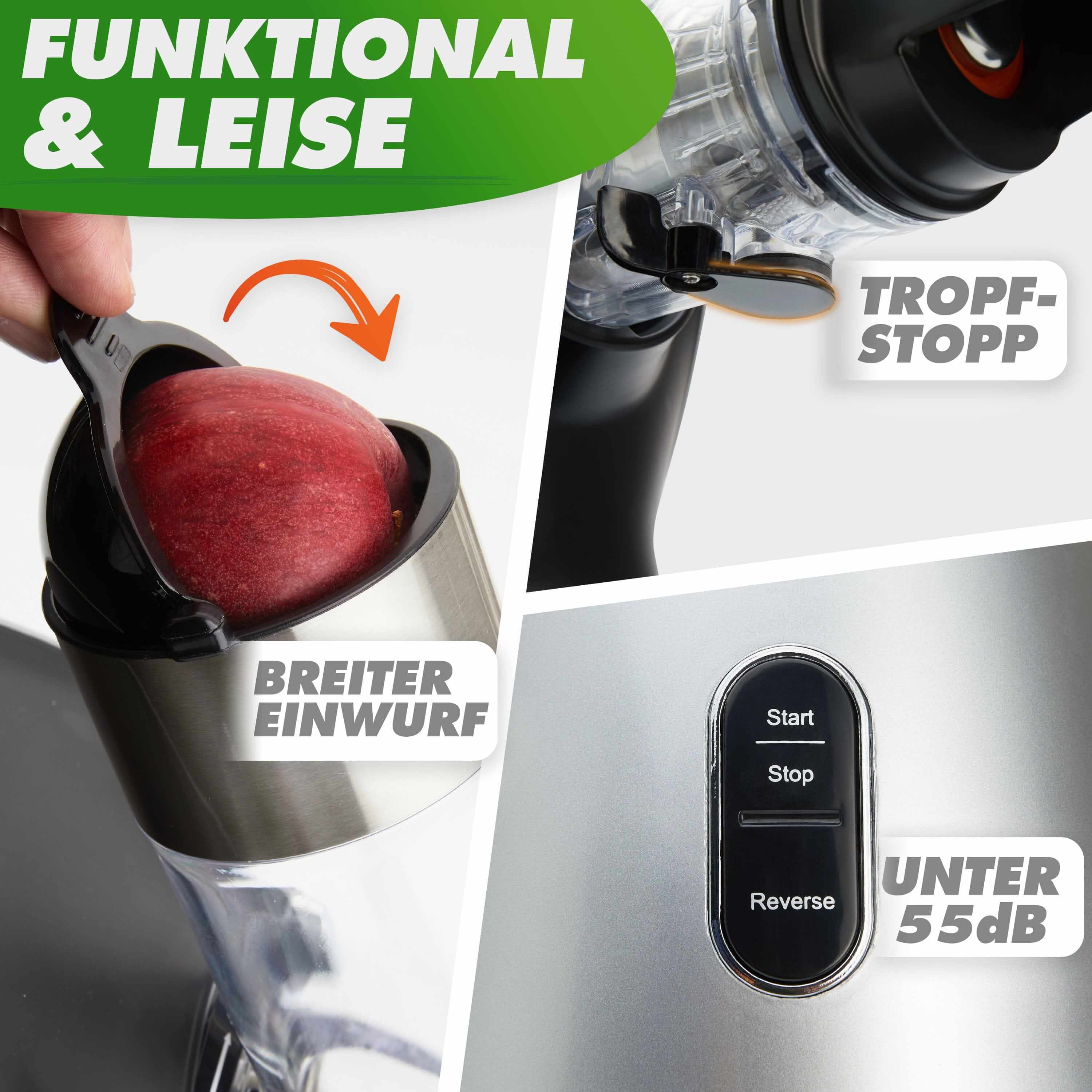 Slow Juicer GREEN-PRESS MAX mit breitem Einwurf, Tropf-Stopp und leiser Funktion unter 55 dB.