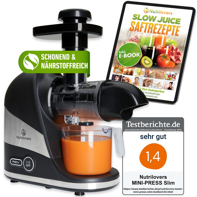 Nutrilovers MINI-PRESS Slim Saftpresse in Schwarz, nährstoffschonend, inklusive E-Book für Rezepte.