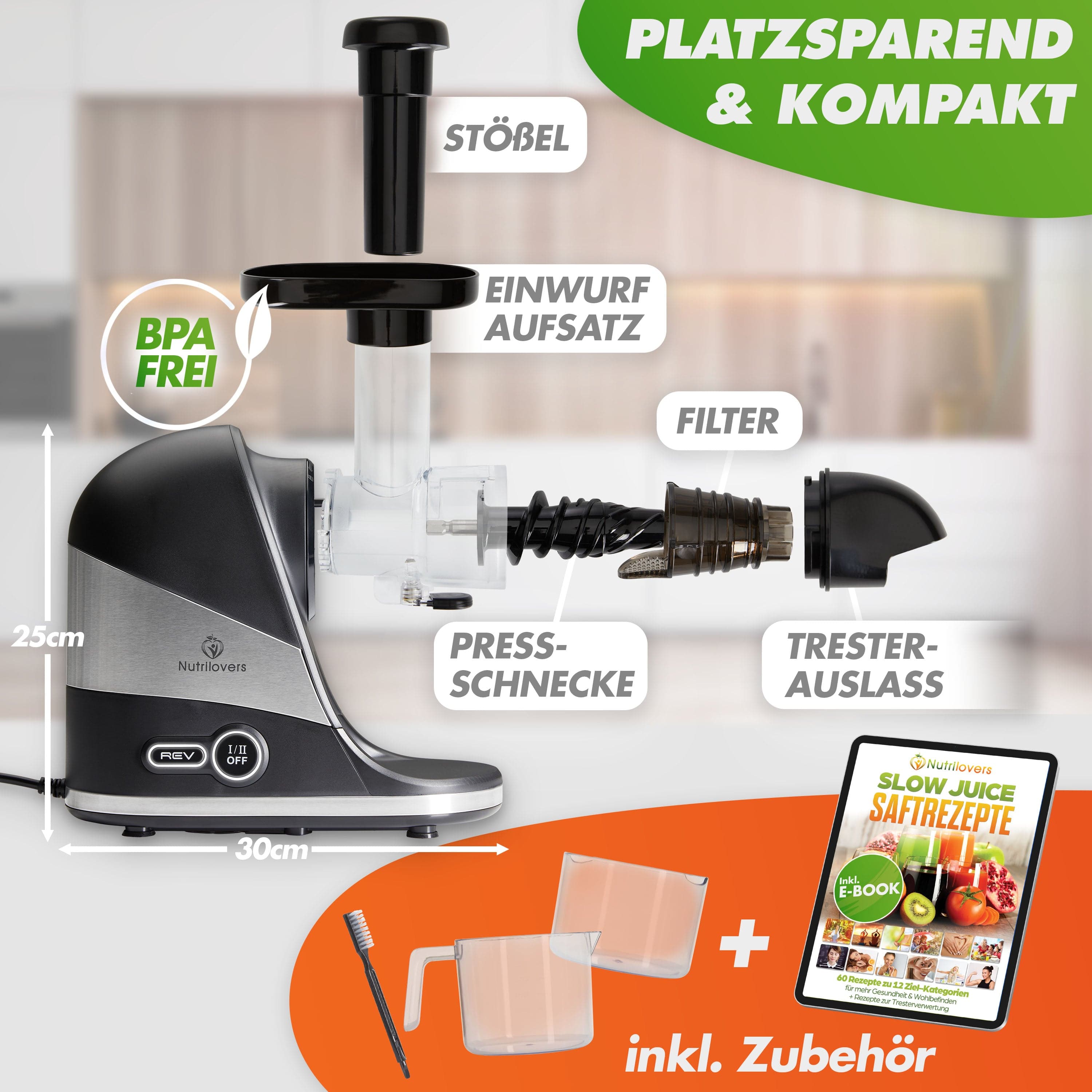 Nutrilovers Saftentsafter, BPA-frei, kompakt, mit Press-Schnecke und Zubehör, 25cm hoch, 30cm breit.