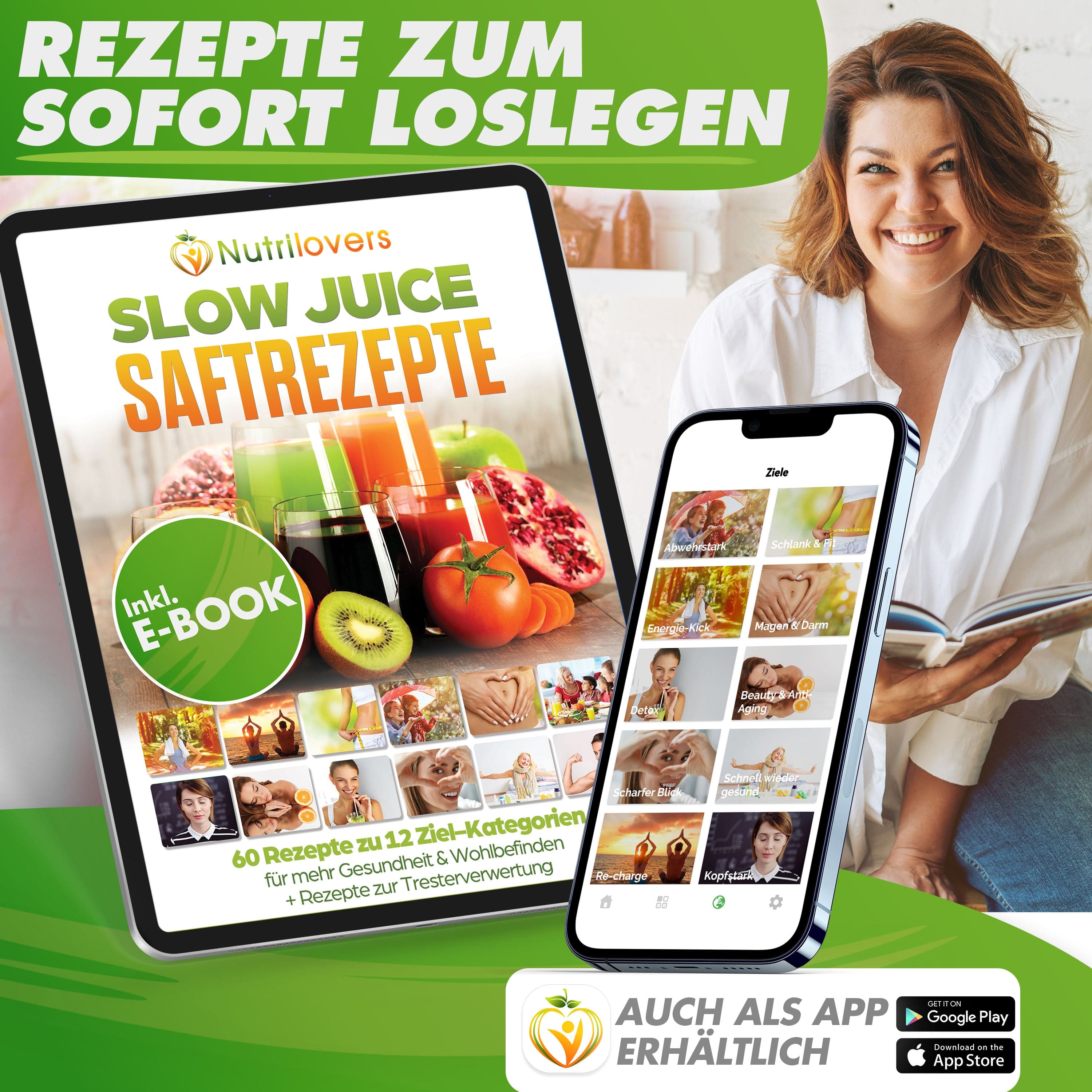 E-Book "Slow Juice Saftrezepte" von Nutrilovers mit 60 Rezepten für Gesundheit und Wohlbefinden.