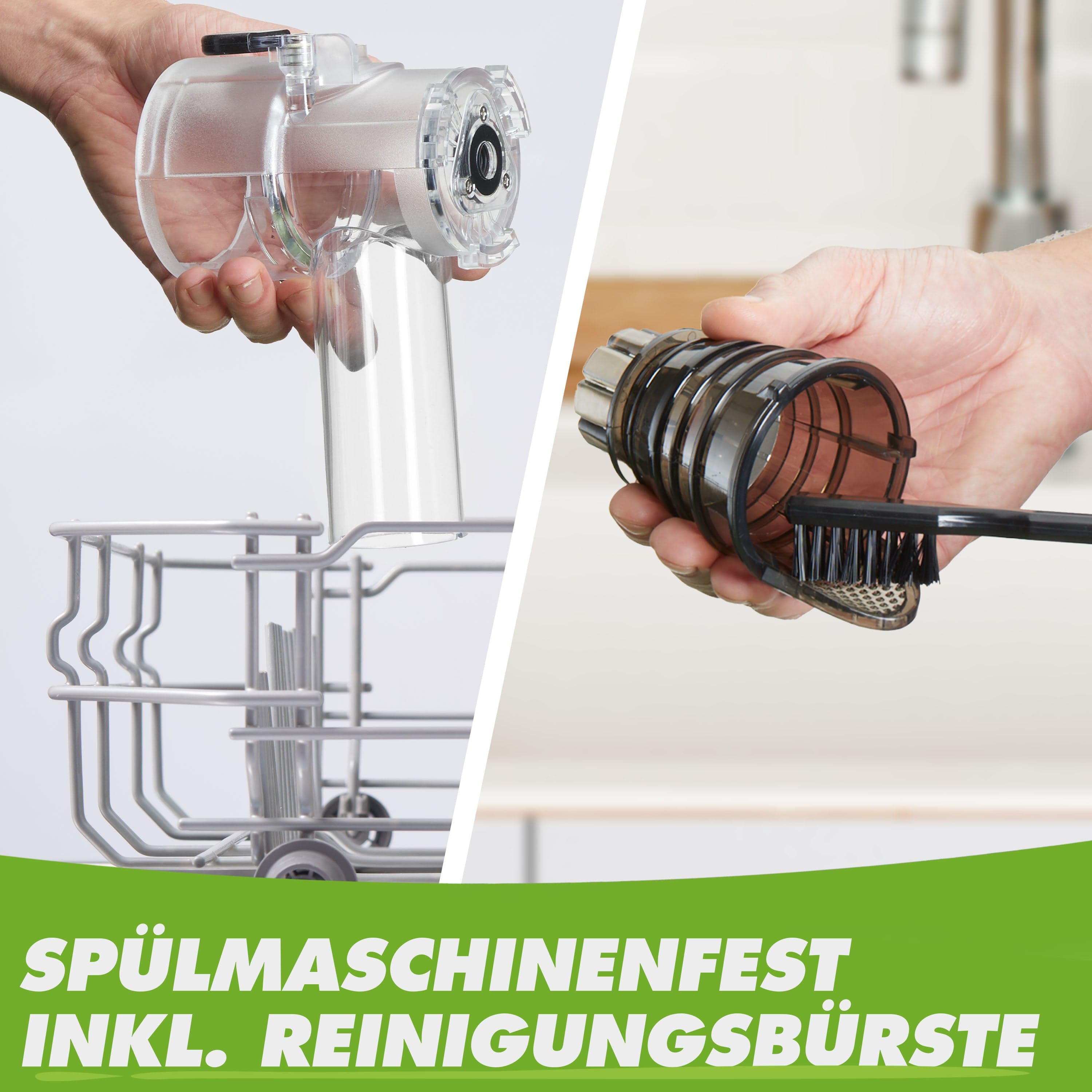 Spülmaschinenfeste Küchenhilfe aus transparentem Material mit Reinigungsbürste für einfache Pflege.