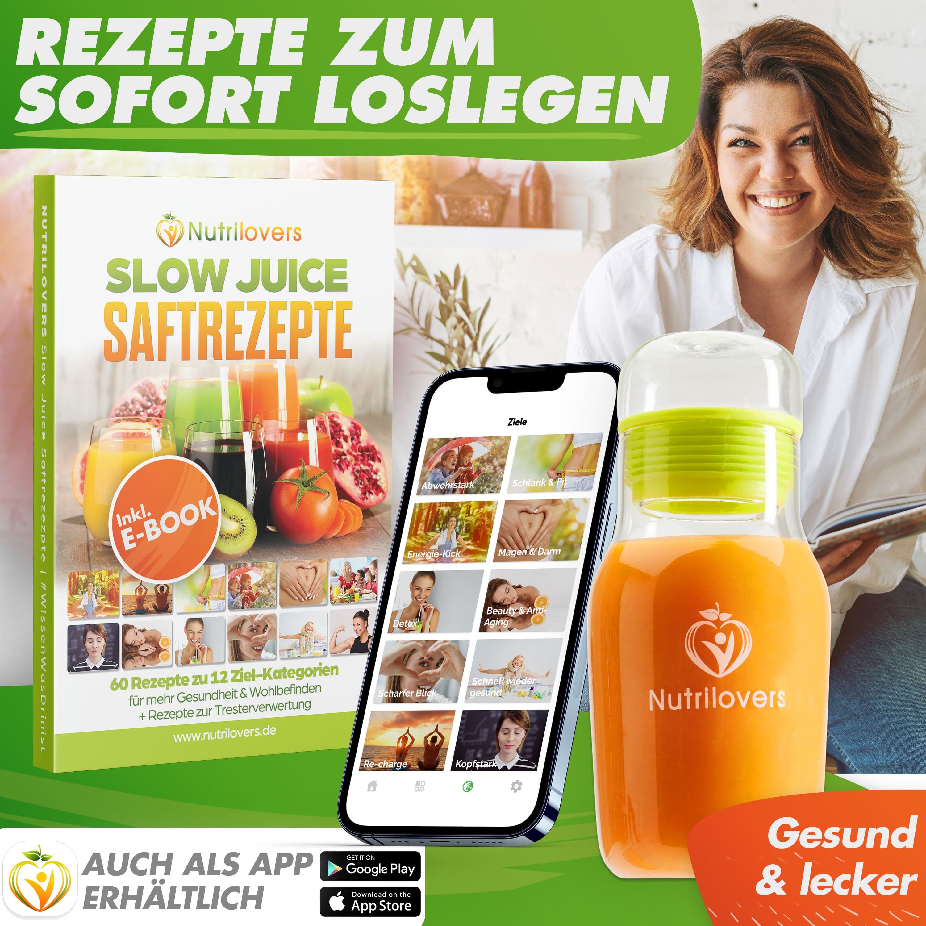 Nutrilovers Slow Juice Rezeptbuch, E-Book, App, Saftflasche in orange, gesund und lecker.
