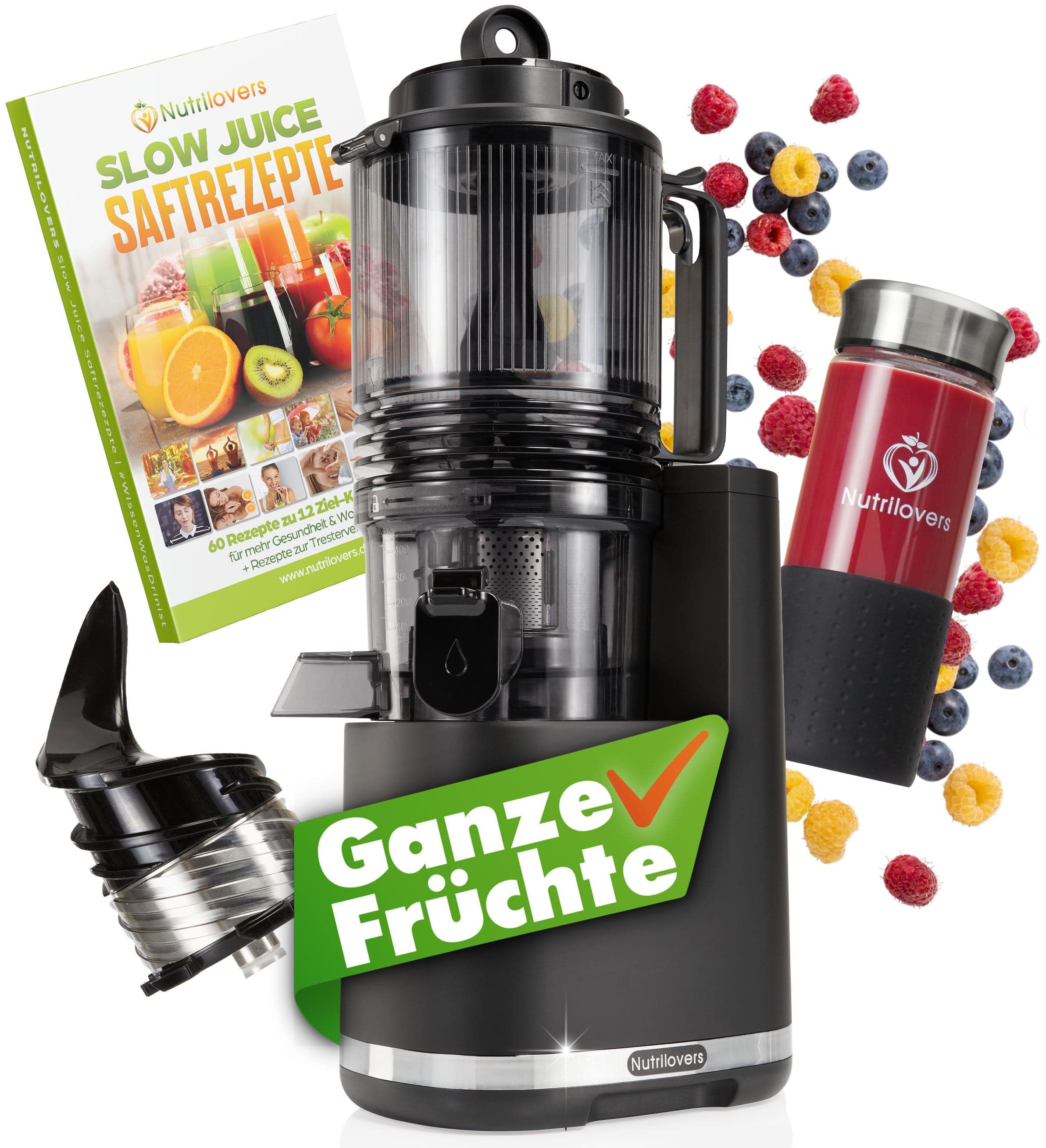 NUTRILOVERS Slow Juicer, schwarz, mit Rezeptbuch, für ganze Früchte, inklusive Behälter für Säfte.