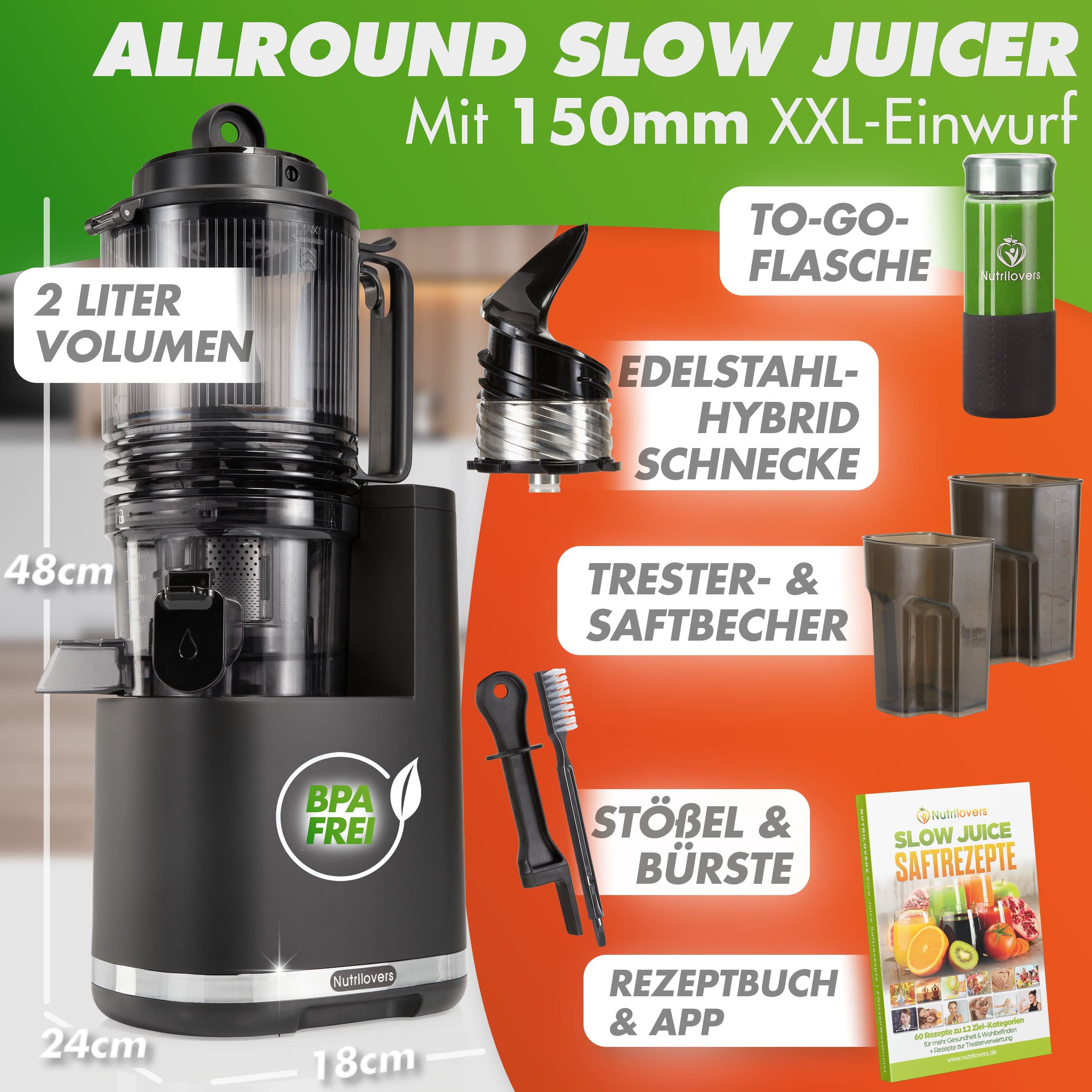 Allround Slow Juicer 48cm, 2L, BPA-frei, Edelstahl-Hybridschnecke, inklusive Rezeptbuch und To-Go-Flasche.